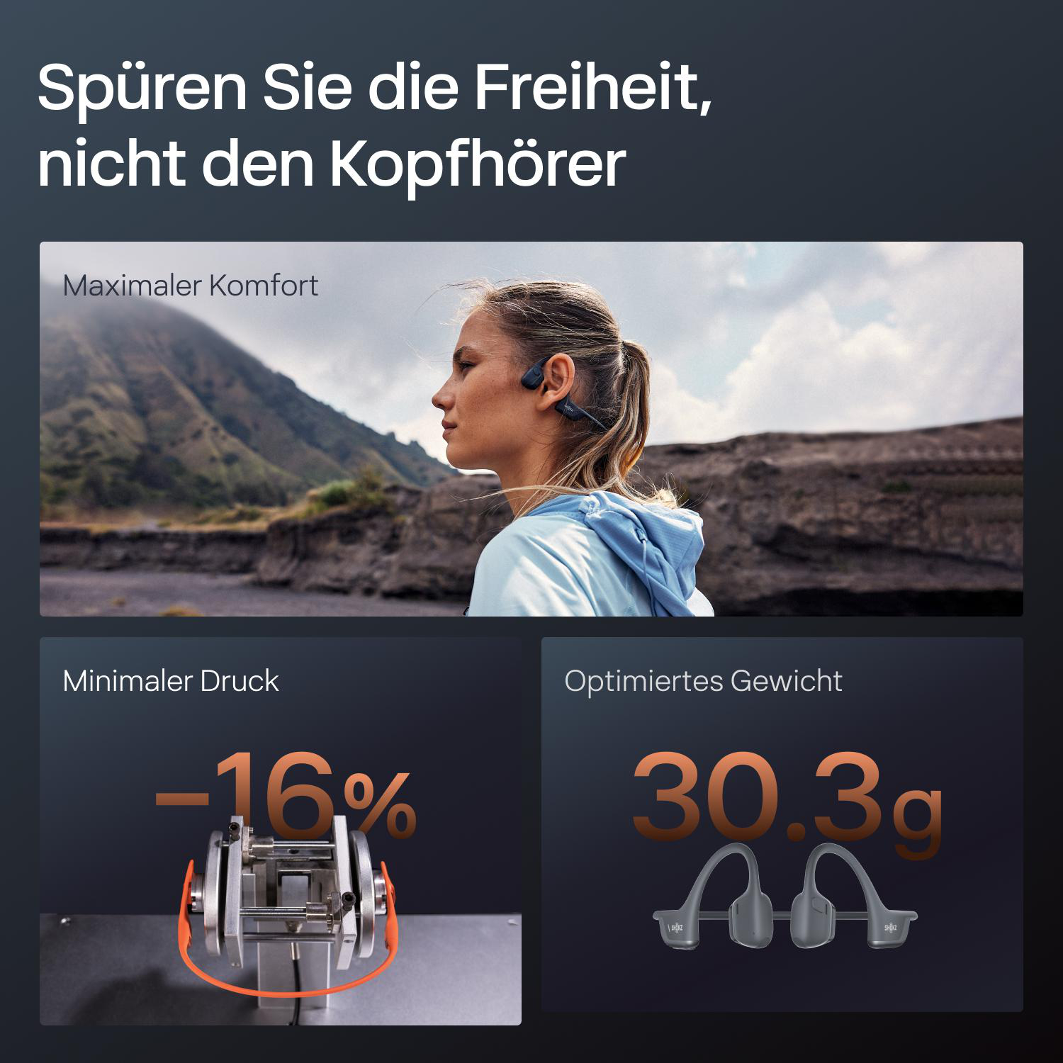 Frau mit Kopfhörern läuft draußen. Das Bild zeigt Komfort und leichtes Design. Zeigt -16% und 30,3g Gewicht des Produkts.