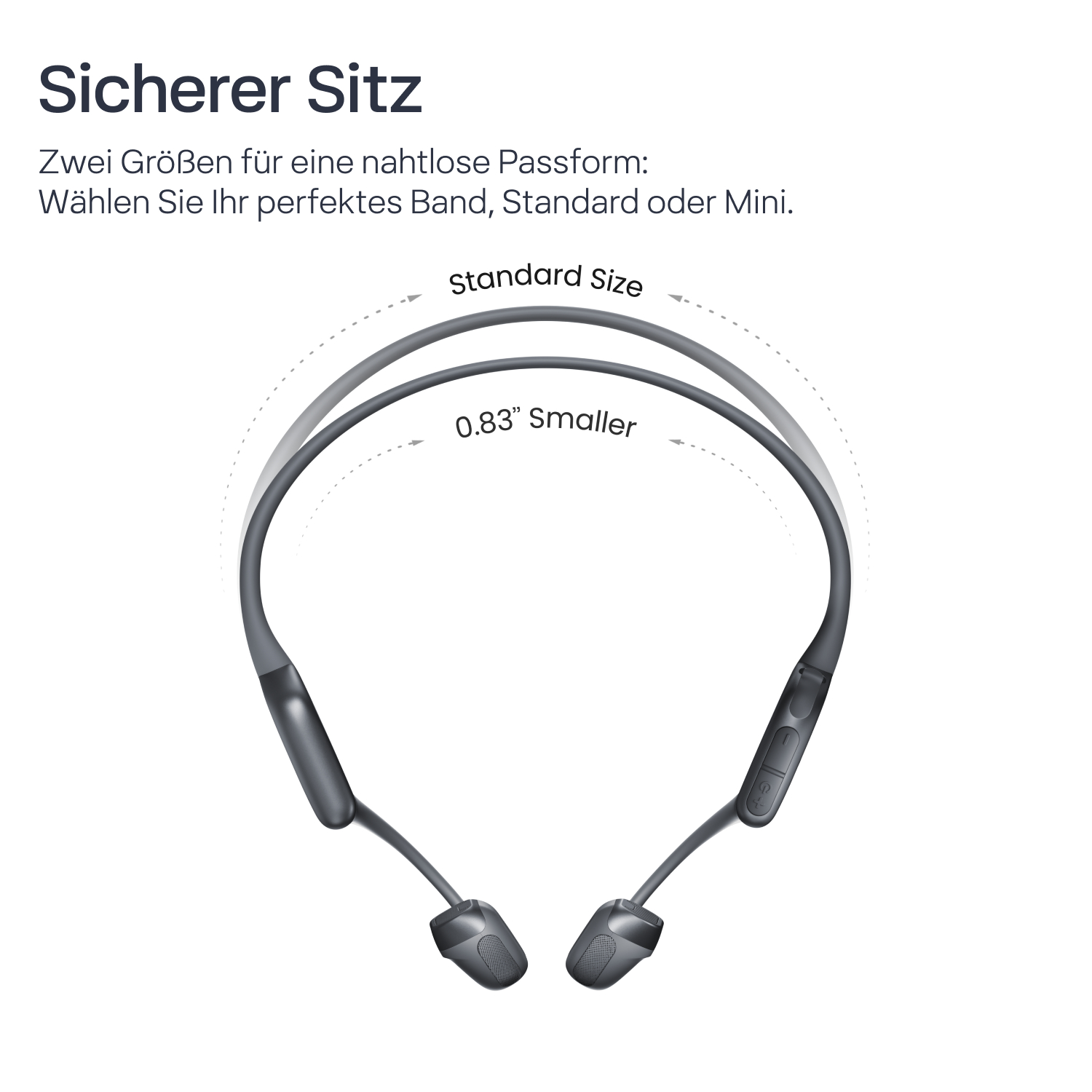 Das Bild zeigt ein graues Nackenband-Headset. Der Text weist auf zwei Größen hin: Standard und 0,83" kleiner. Der Text lautet auch "Sicherer Sitz".