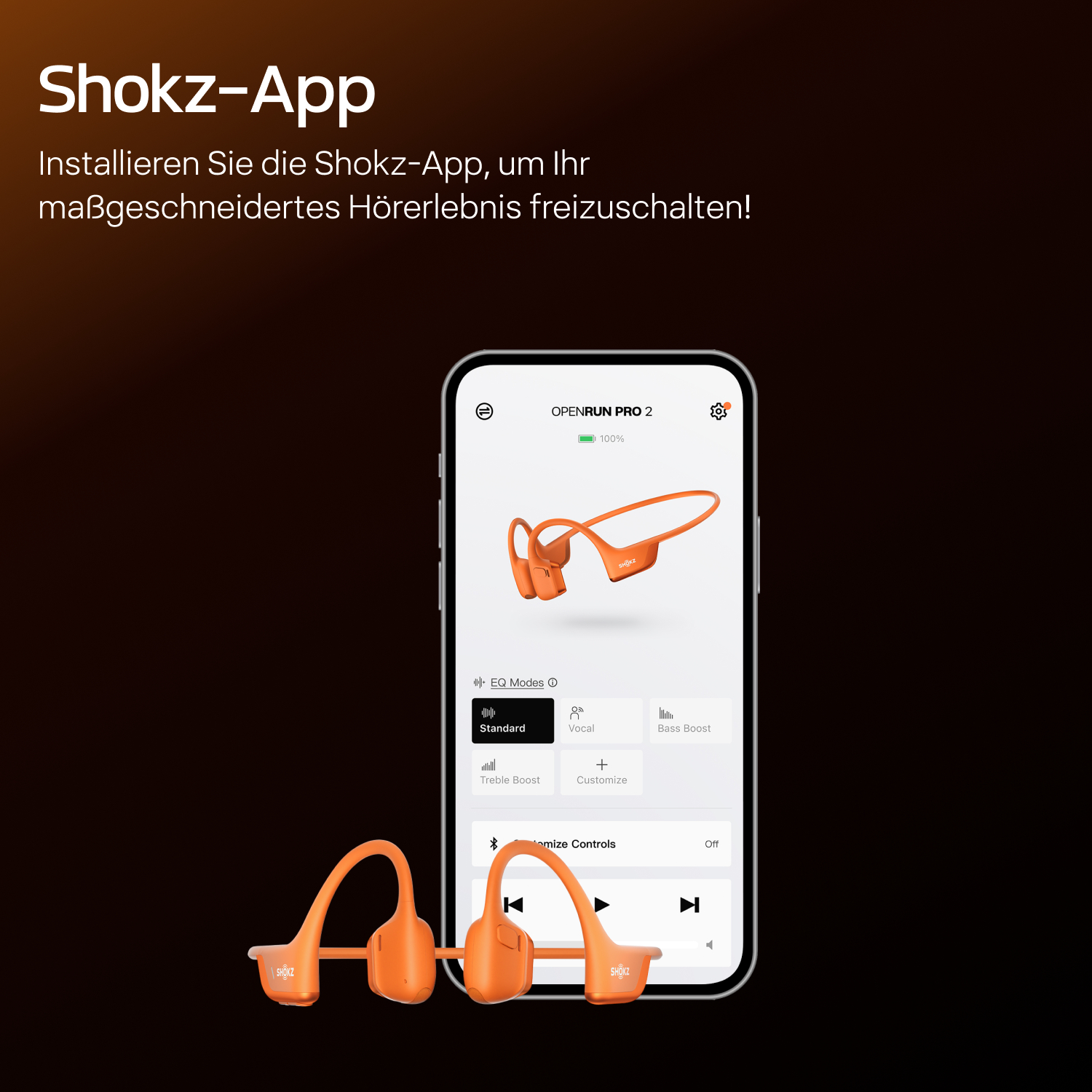 Ein oranges Shokz-Headset wird zusammen mit seiner App auf einem Telefon angezeigt. Die App zeigt Equalizer-Einstellungen und Steuerelemente.