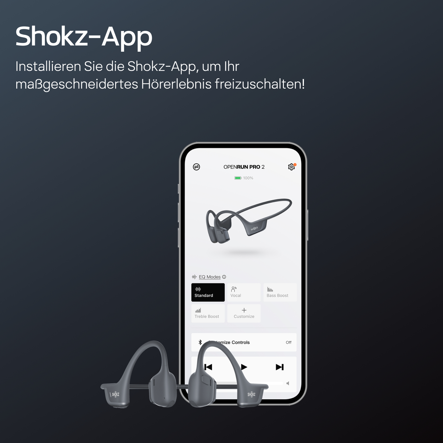 Das Bild zeigt Shokz OpenRun Pro 2 Kopfhörer und die App-Oberfläche auf einem Smartphone. Die App zeigt EQ-Modi und Bedienelemente.