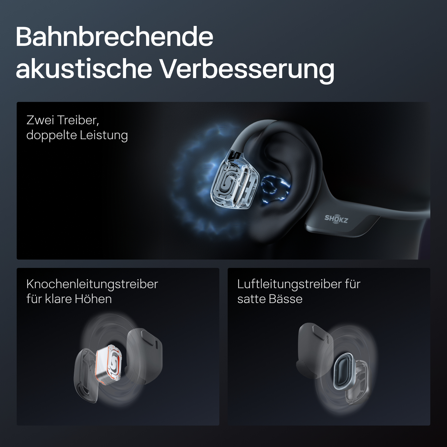 Werbung zeigt schwarzen Kopfhörer mit zwei Treibern. Text hebt Knochenleitung und Luftleitung für klare Höhen und satten Bass hervor.