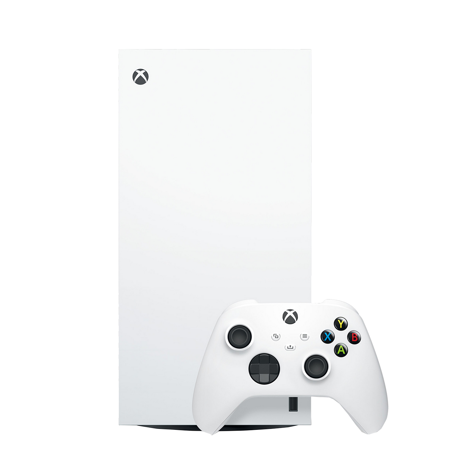 Consola Xbox Series S blanca con un controlador blanco a juego, sobre fondo negro.