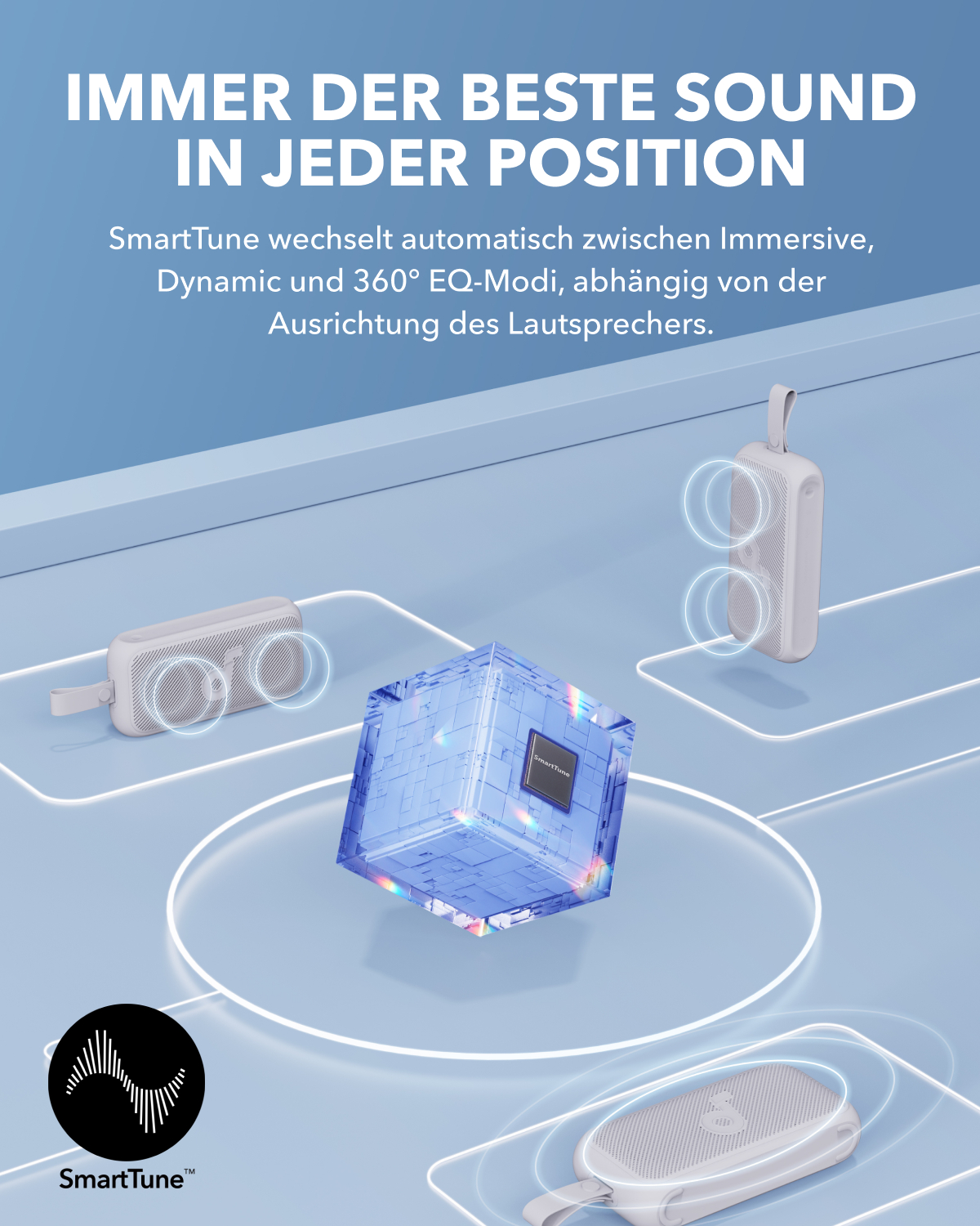 Produktaufnahme mit mehreren Lautsprechern und einem blauen Würfel mit Text.