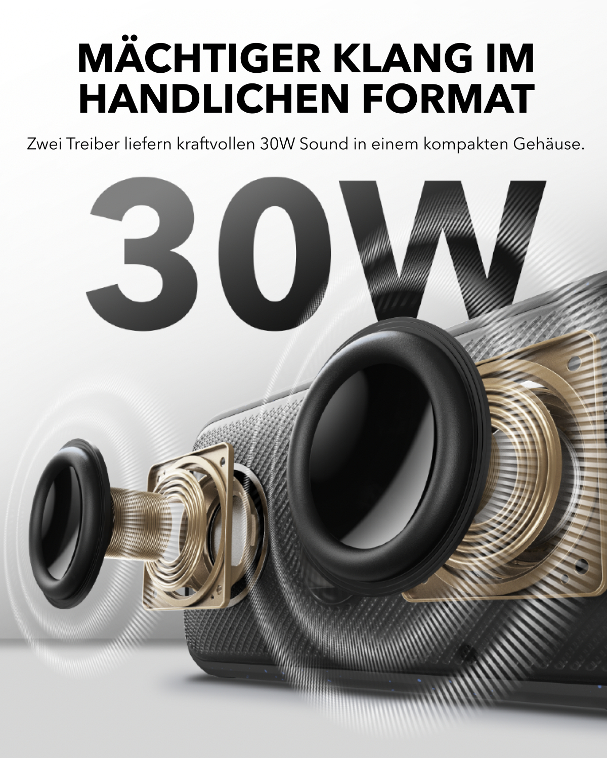 Bild zeigt einen Lautsprecher mit Grafik der Schallwellen und dem Text '30W'.