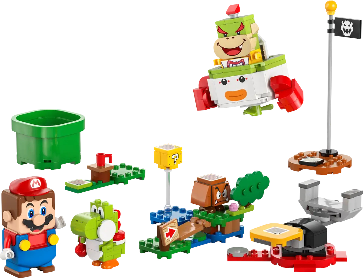 Zestaw LEGO Mario: figurka Mario, Yoshi, Goomba, Bowser Jr. i blok ze znakiem zapytania. Białe tło.