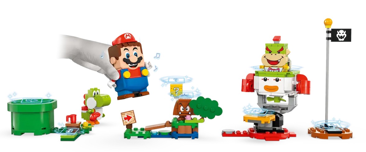 Zestaw Lego Mario z Mario, Yoshim, Bowserem Jr. i różnymi elementami. Jasne kolory, białe tło.
