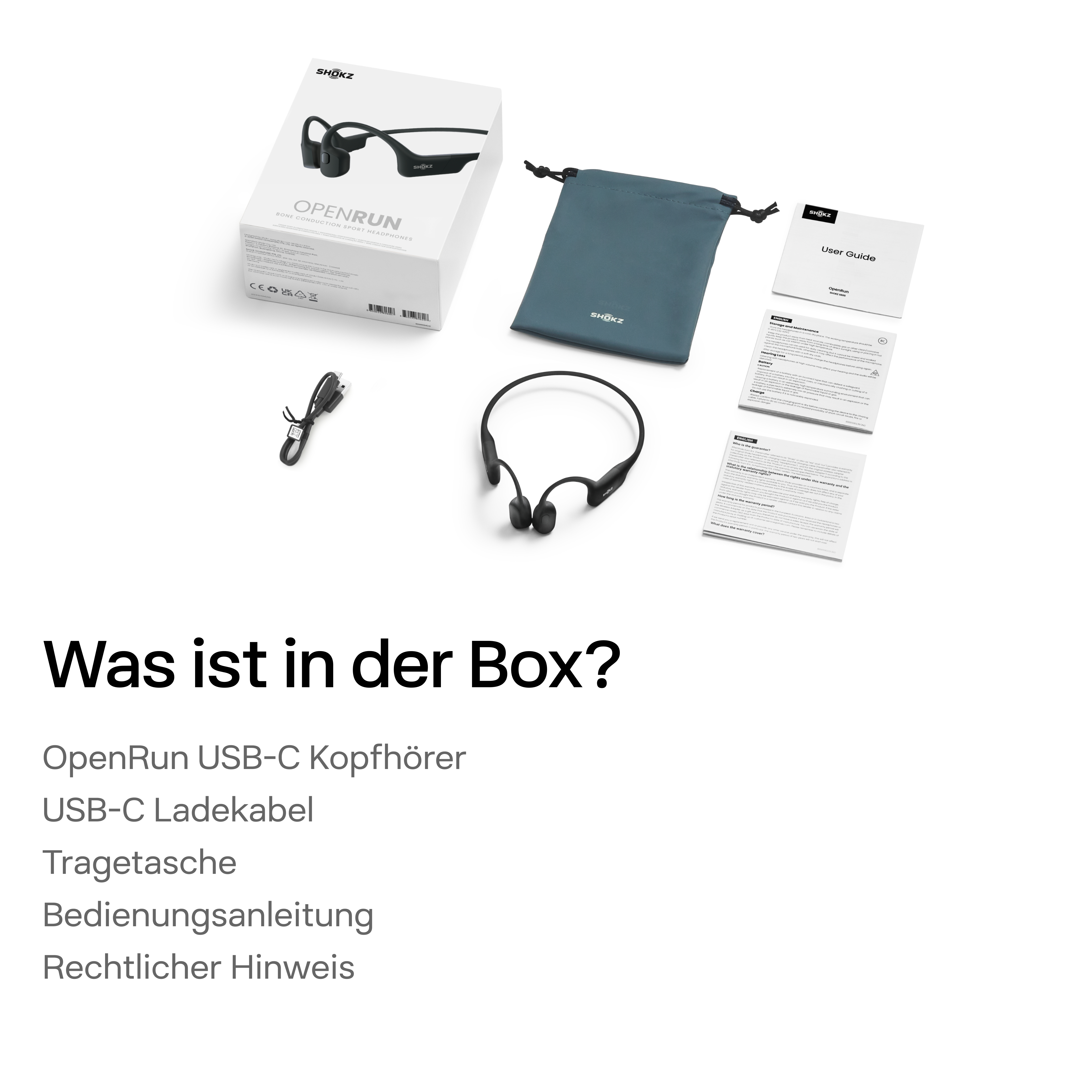 Geöffnete Box mit Kopfhörern, Ladekabel, Benutzerhandbuch und Beutel. Der Text auf der Box lautet OpenRun.