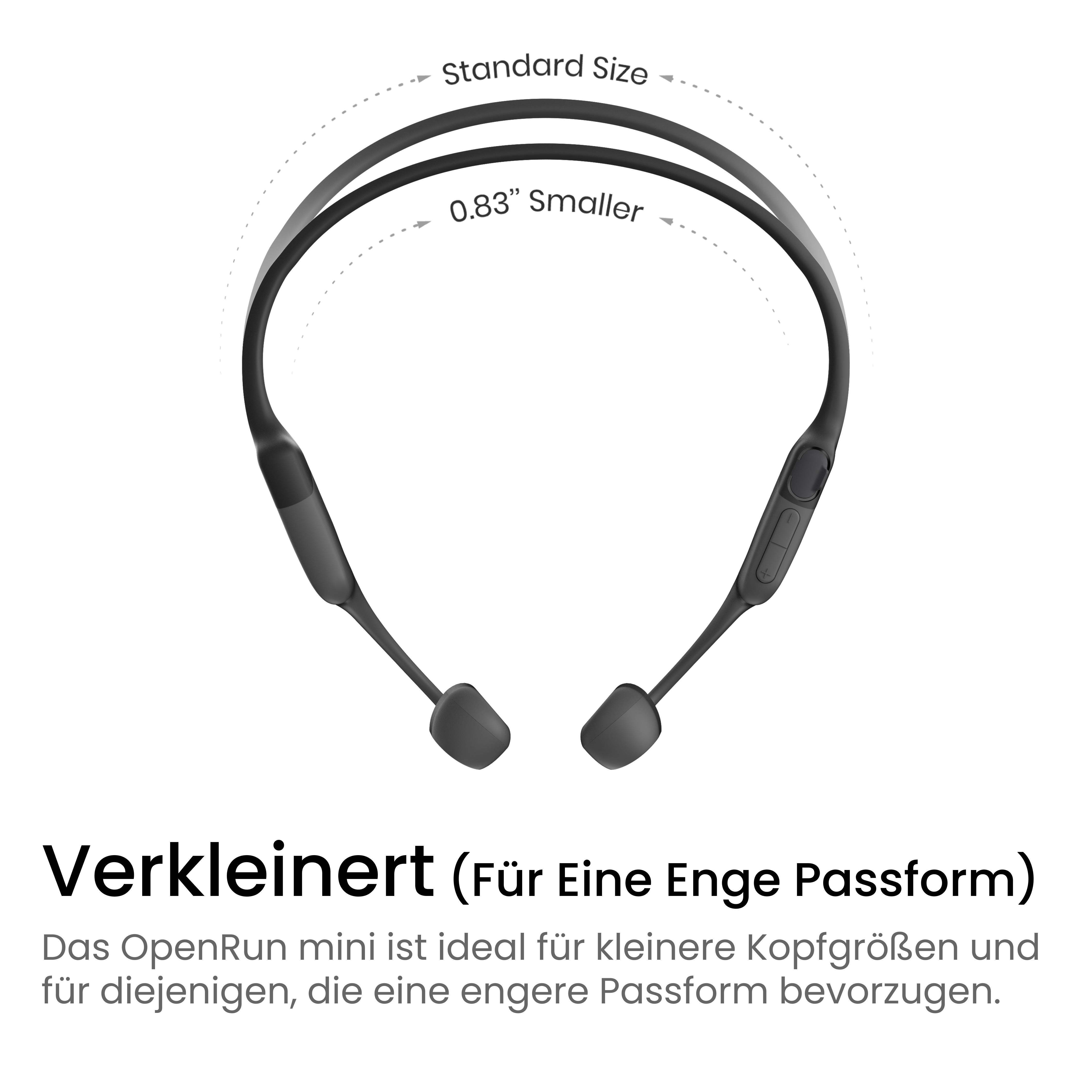Schwarze Kopfhörer mit kleinerem Größenanzeiger. Text: 'Verkleinert (Für Eine Enge Passform)'.