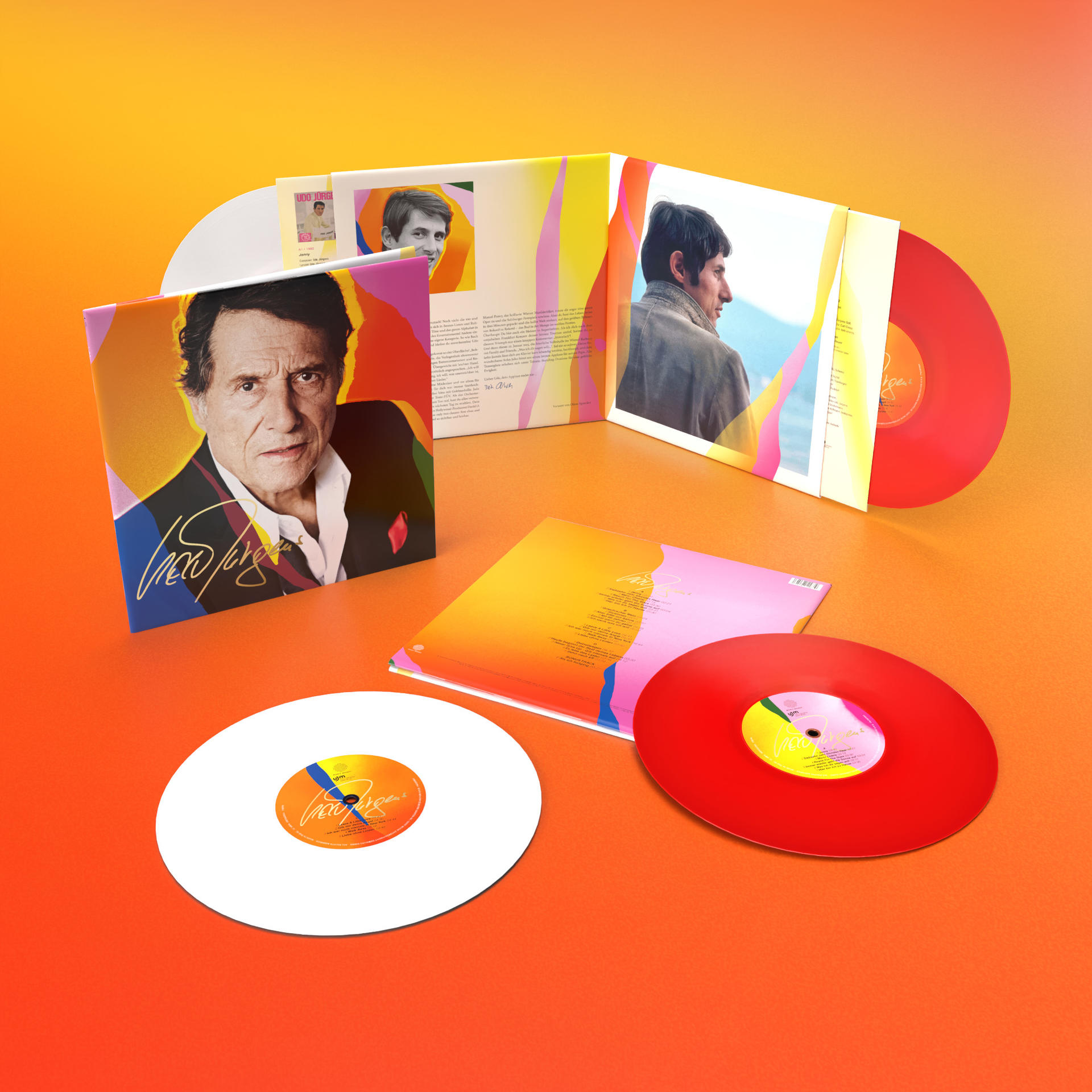Vinyl-Schallplatten-Set mit Cover-Art, das einen Mann im Anzug zeigt, und zwei rote Vinyl-Schallplatten.