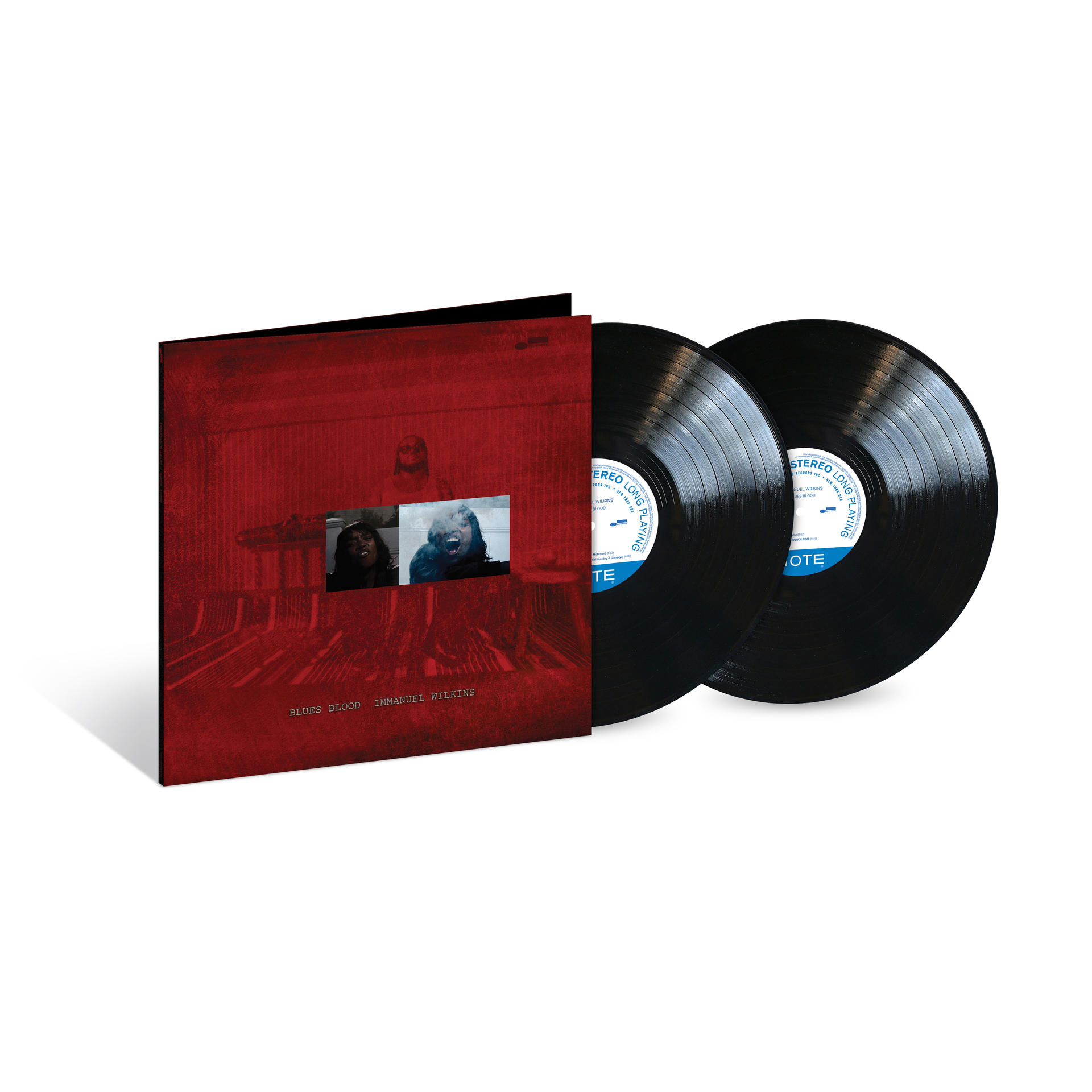 Albumcover von 'Blues Blood' mit zwei Vinylplatten. Das Cover ist rot mit einem Foto und Text.