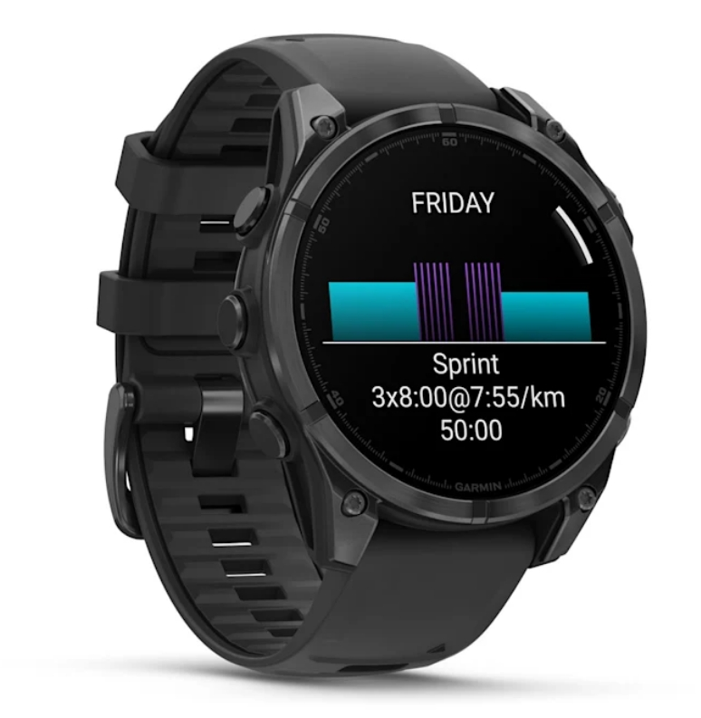 Czarny smartwatch Garmin wyświetla dane treningowe, w tym czas, prędkość i wskaźnik sprintu.