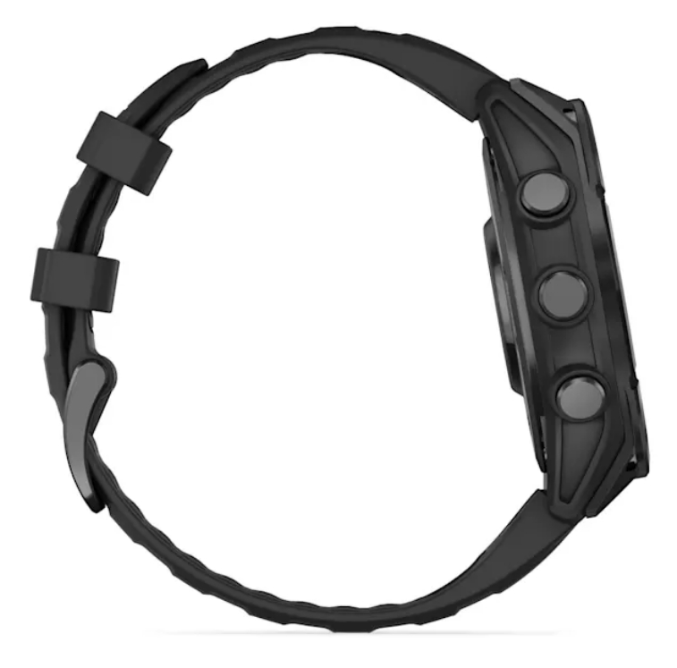 Czarny smartwatch z czarnym paskiem, widok z boku, pokazujący przyciski.