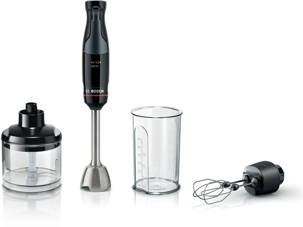 Bosch el blenderi, parçalayıcı, beher ve çırpıcı gibi aksesuarlarla.