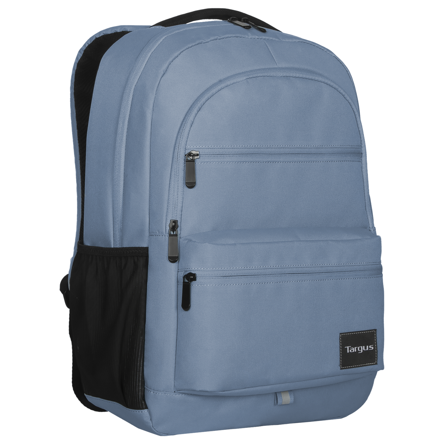 Mochila azul con múltiples bolsillos y cremalleras de Targus.