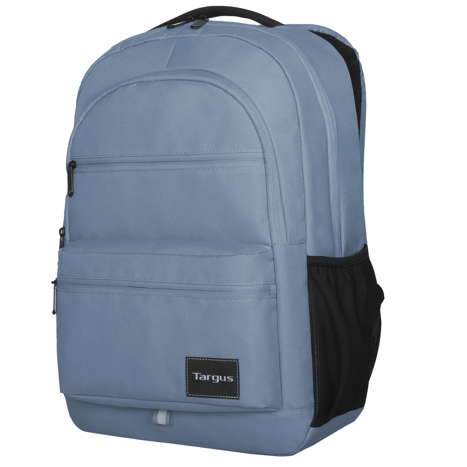 Mochila Targus azul con múltiples compartimentos y un bolsillo lateral de malla negro.