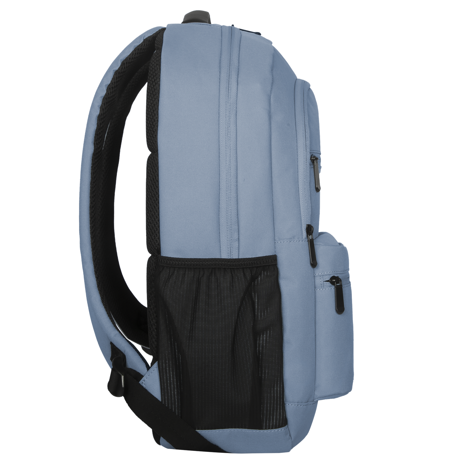Mochila azul claro, vista lateral. Bolsillo de malla negra y correas negras. Fondo negro.