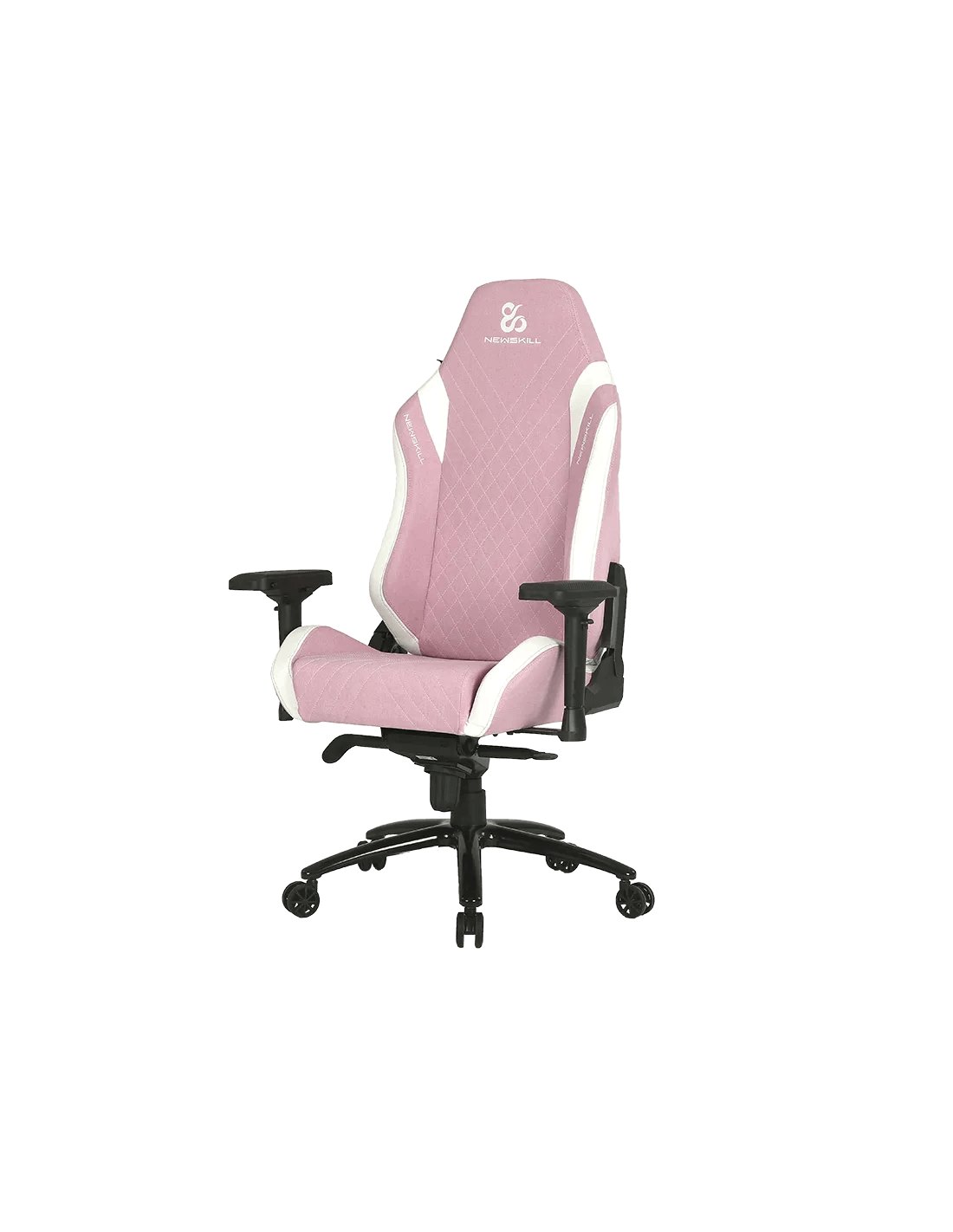 Silla gaming rosa y blanca. La silla tiene un patrón de diamantes y una base negra con ruedas.