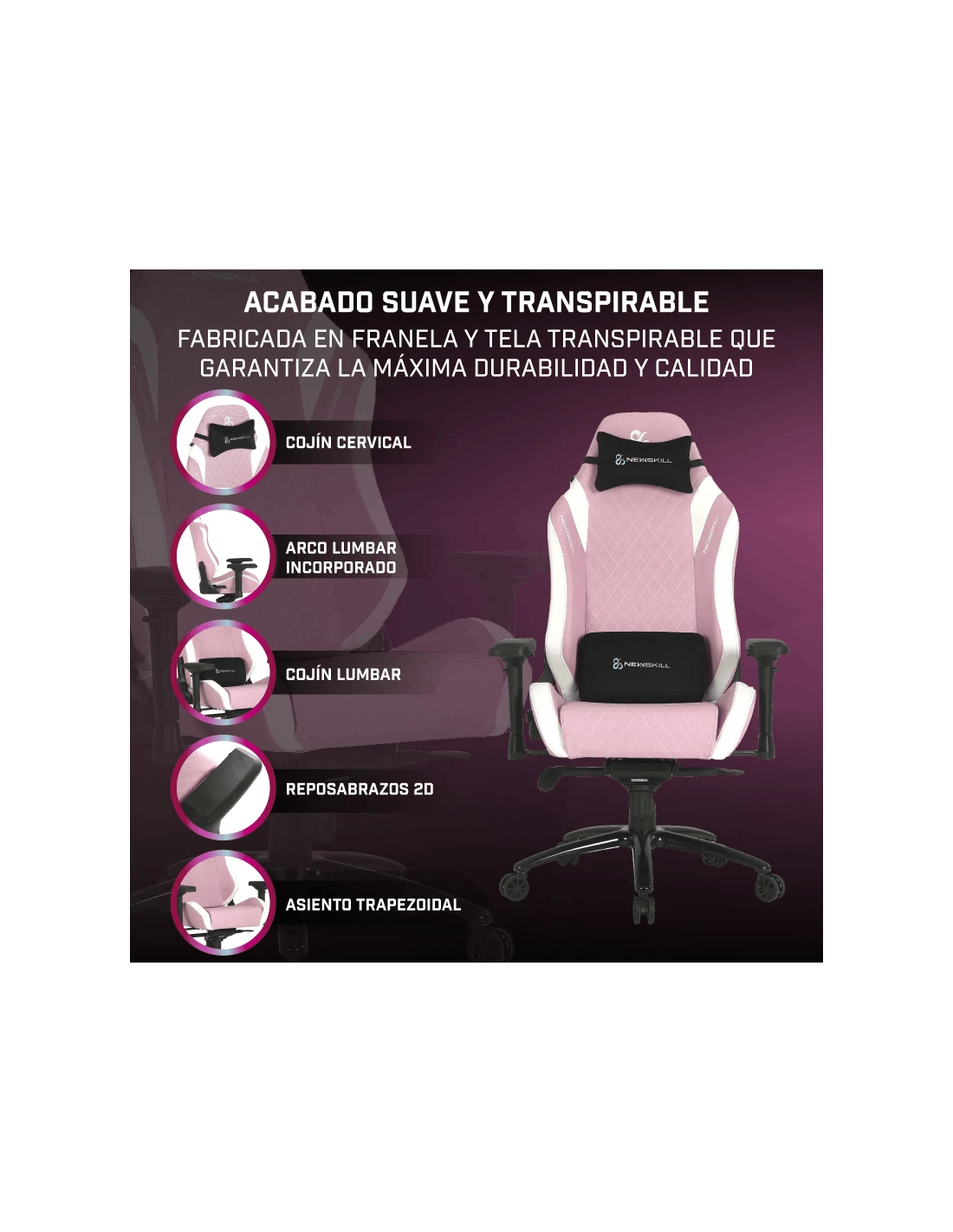 Silla gaming rosa y blanca con descripciones de sus características y partes.