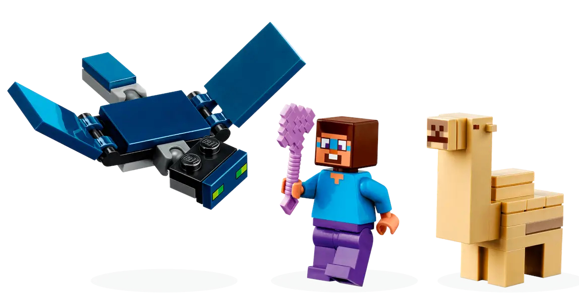 Zestaw Lego: niebieski szybowiec, figurka Steve'a i figurka wielbłąda na białym tle.