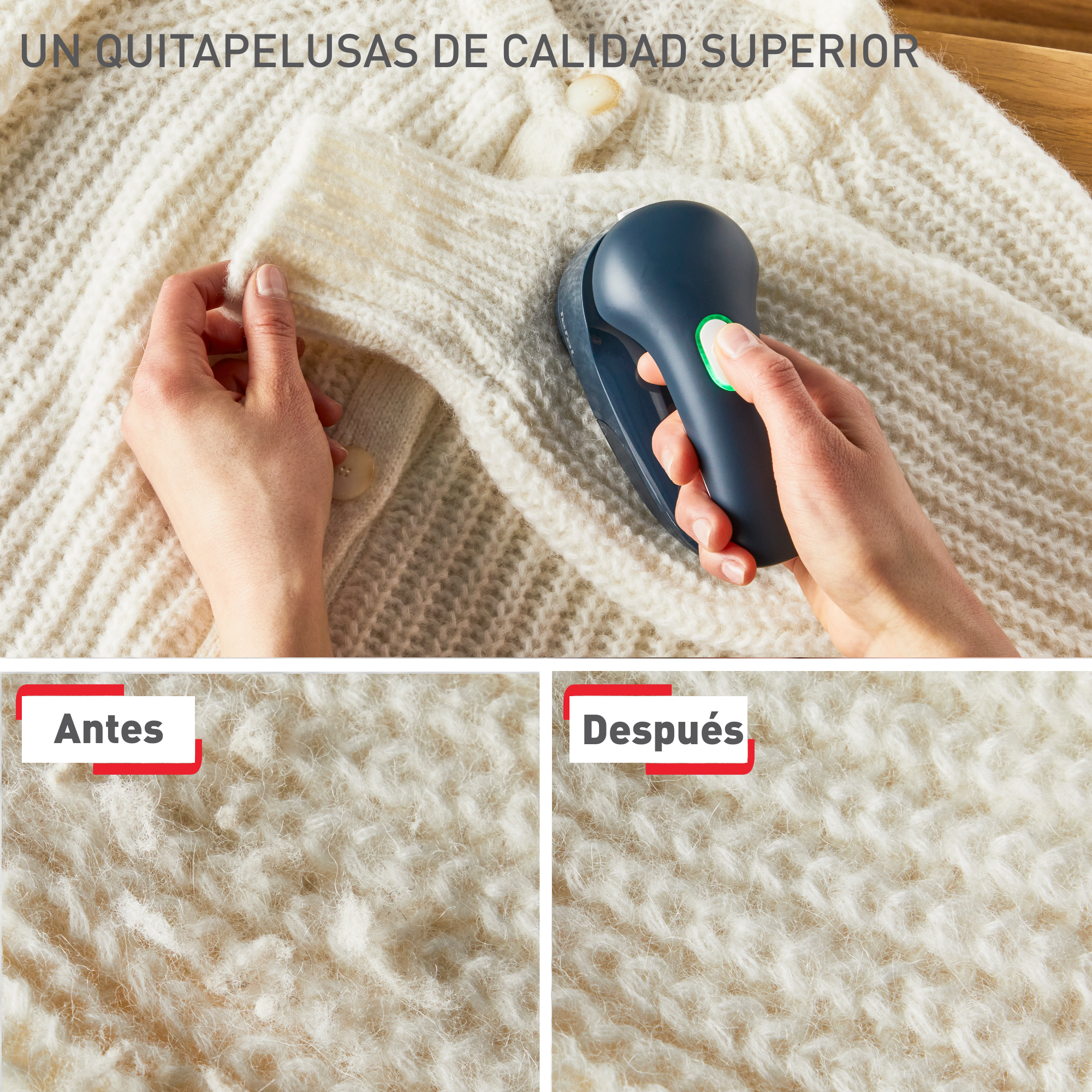 Un quitapelusas sobre un suéter. Las fotos del antes y el después muestran la mejora del suéter.