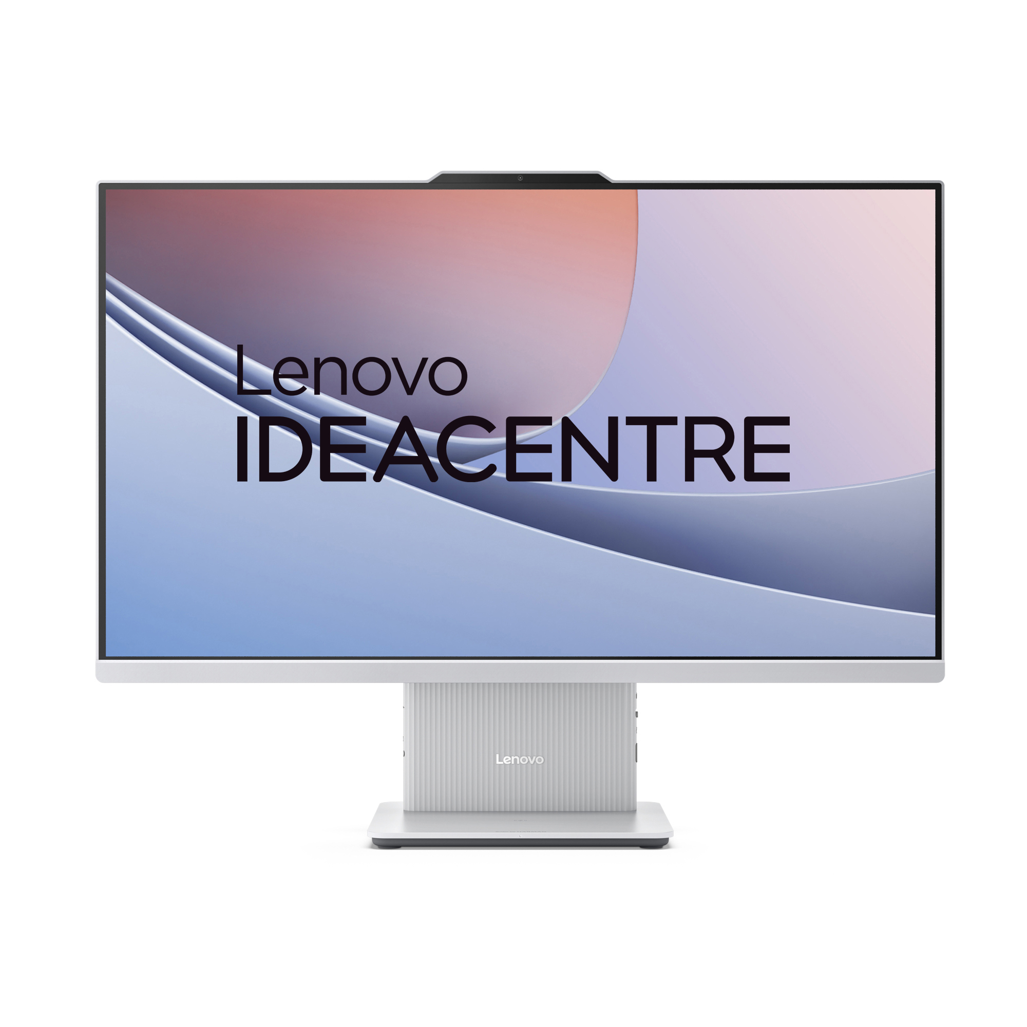 Lenovo IdeaCentre All-in-One-Computer. Silberner Sockel und Display, mit Lenovo-Branding auf dem Bildschirm.