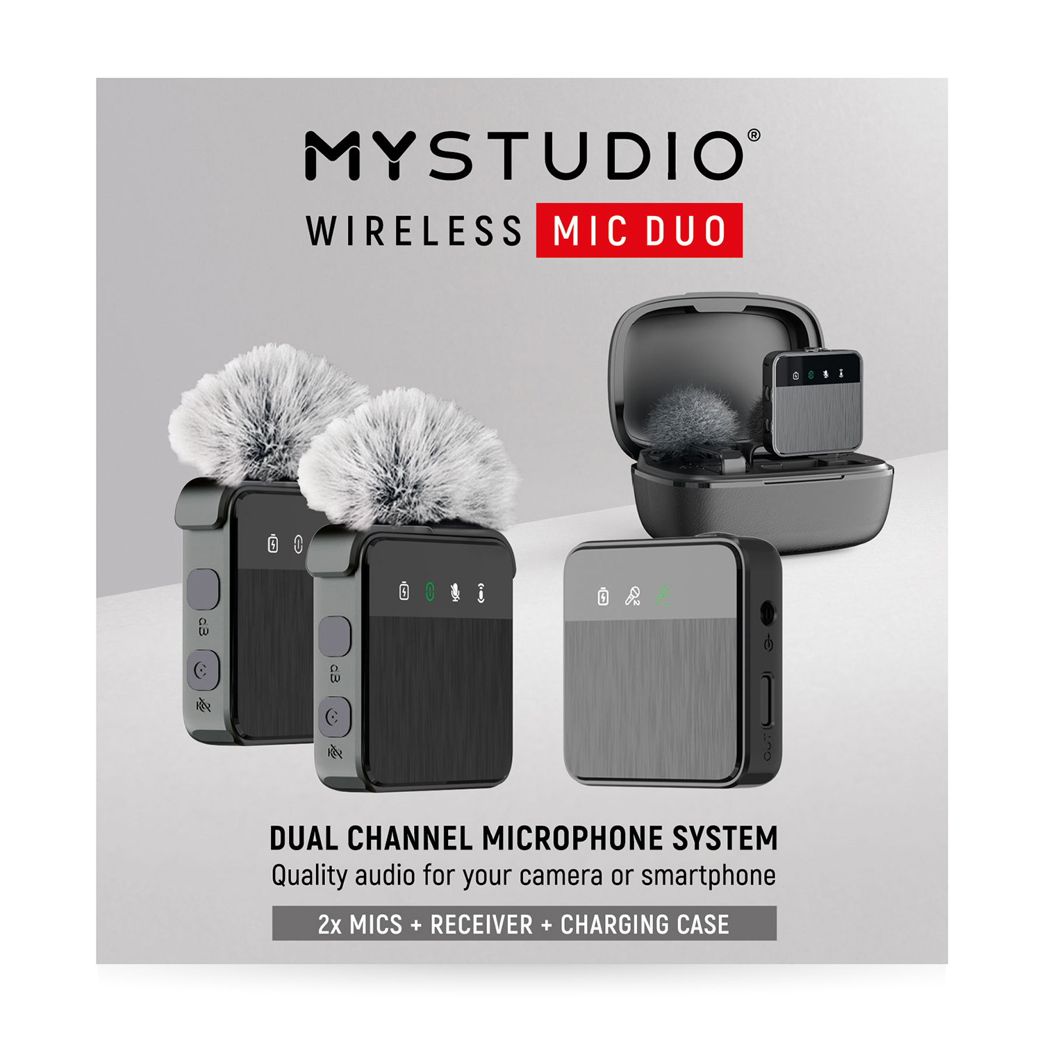 Sistema microfono wireless MyStudio. Due microfoni con coperture in pelliccia e un ricevitore in una custodia.