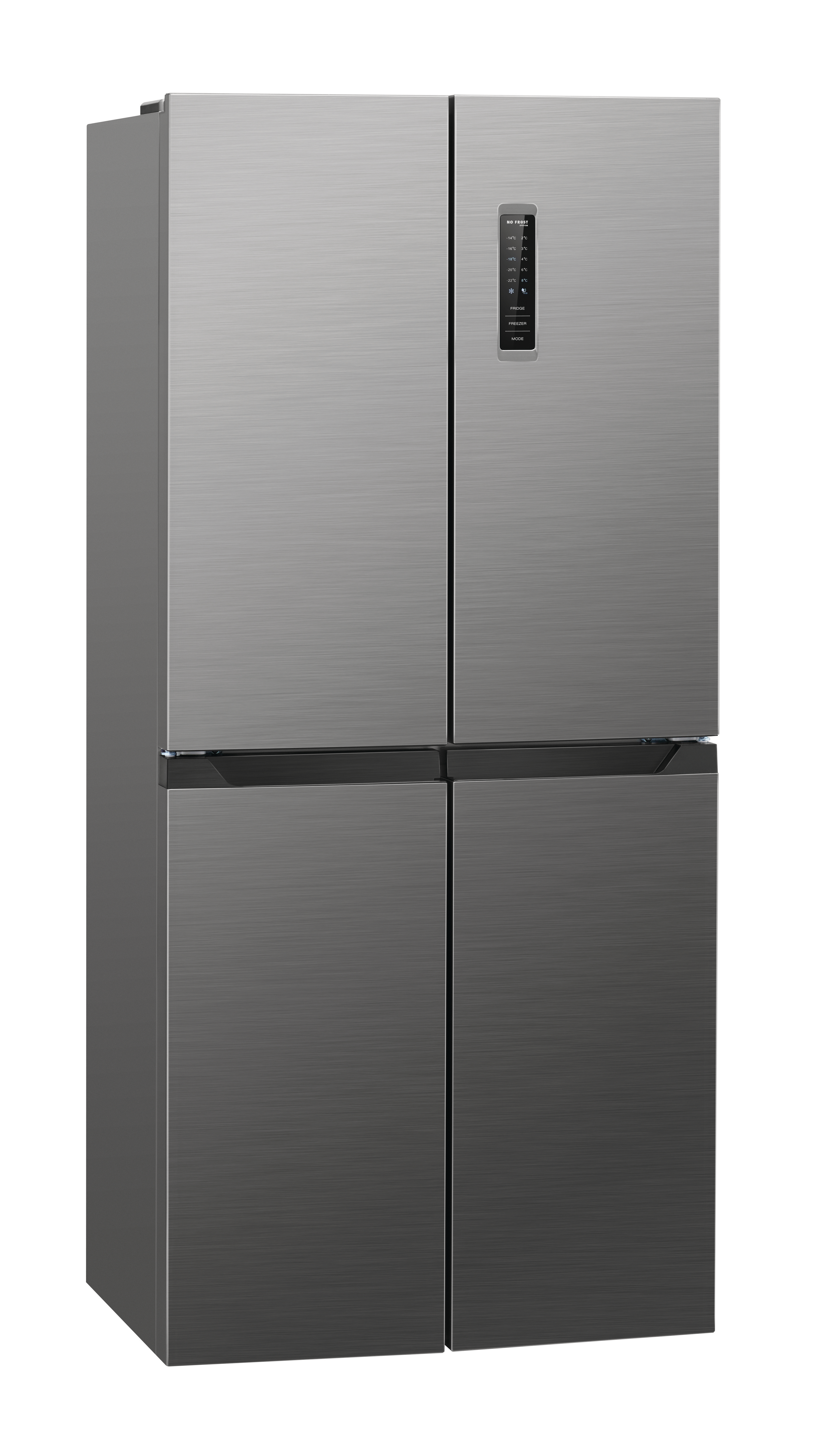 Ein Edelstahl-Kühlschrank mit vier Türen. Er hat eine digitale Anzeige. Die Türen sind dunkelgrau.