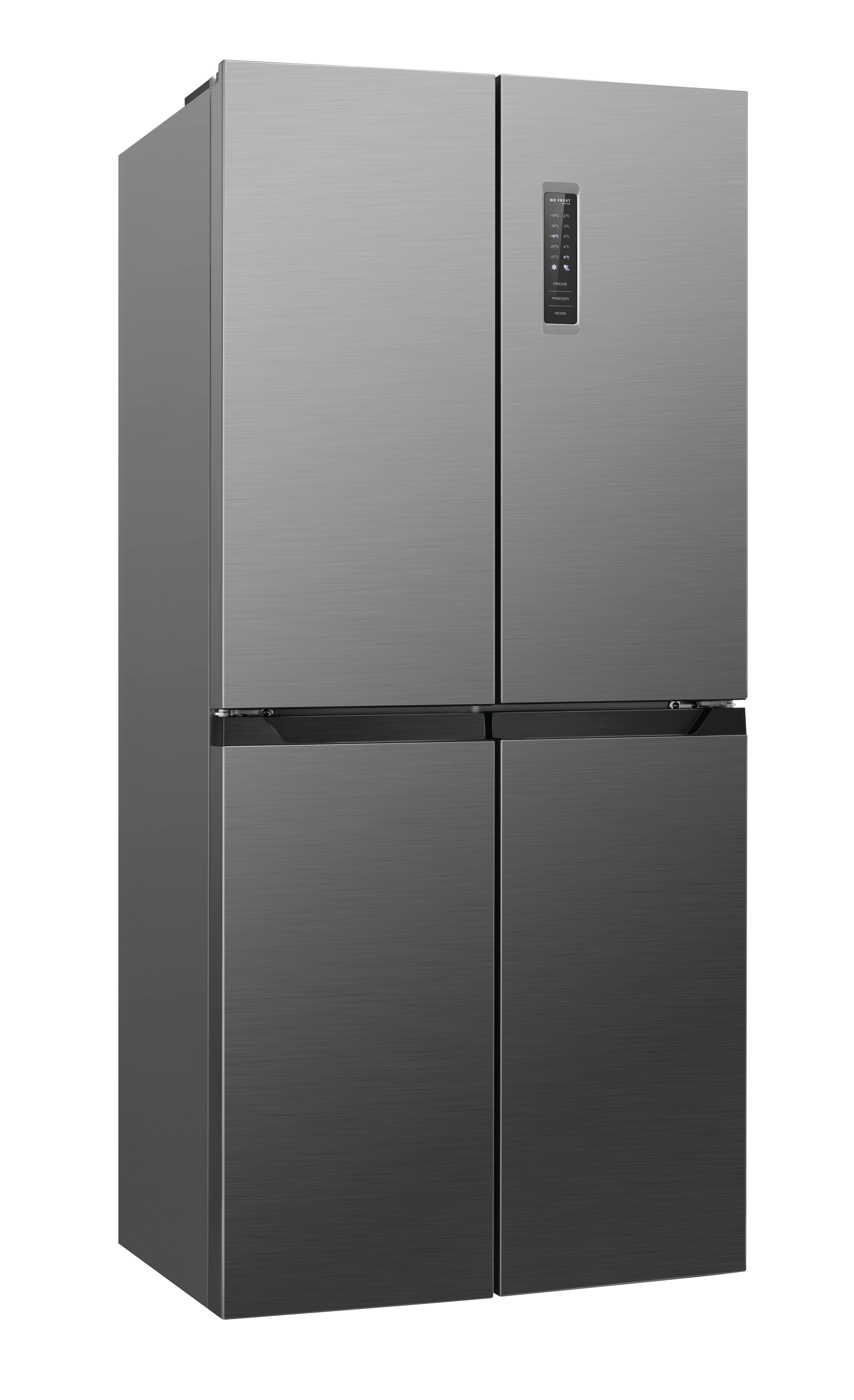 Ein Edelstahl-Kühlschrank mit vier Türen. Zwei Türen oben und zwei Türen unten. Digitalanzeige oben.