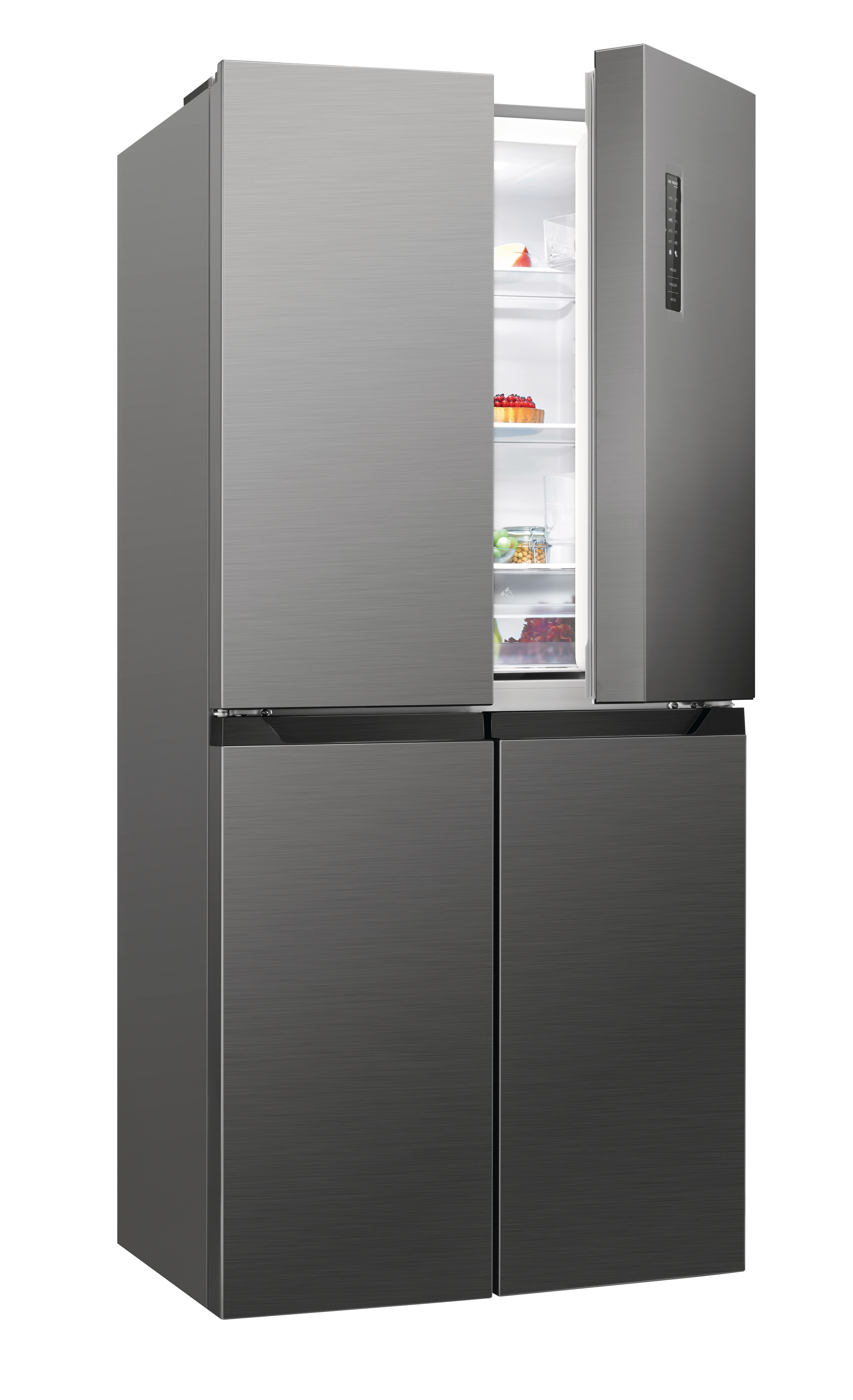 Moderner Kühlschrank aus Edelstahl mit geöffneten Türen.