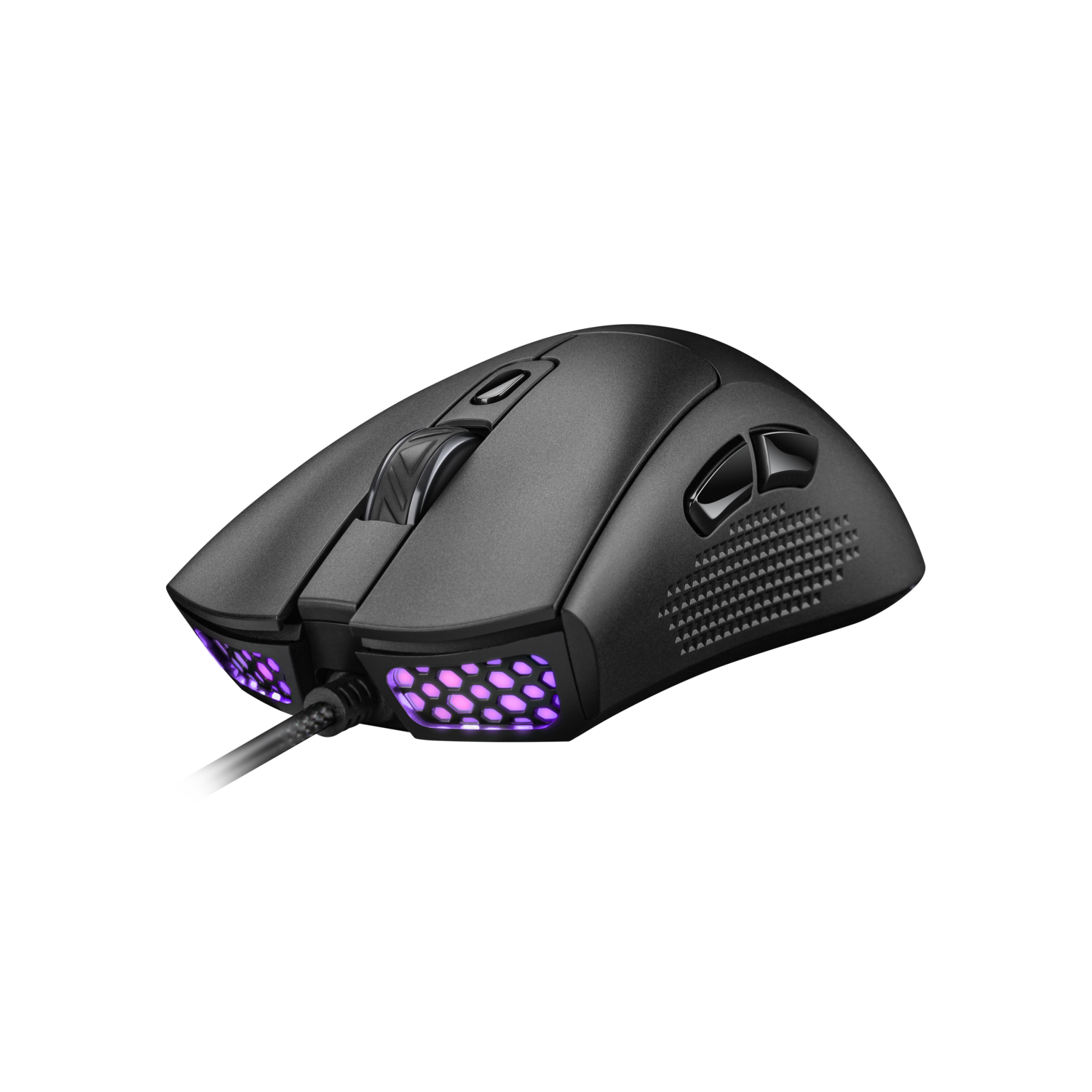 Een zwarte gamingmuis met paarse lichten op een zwarte achtergrond.