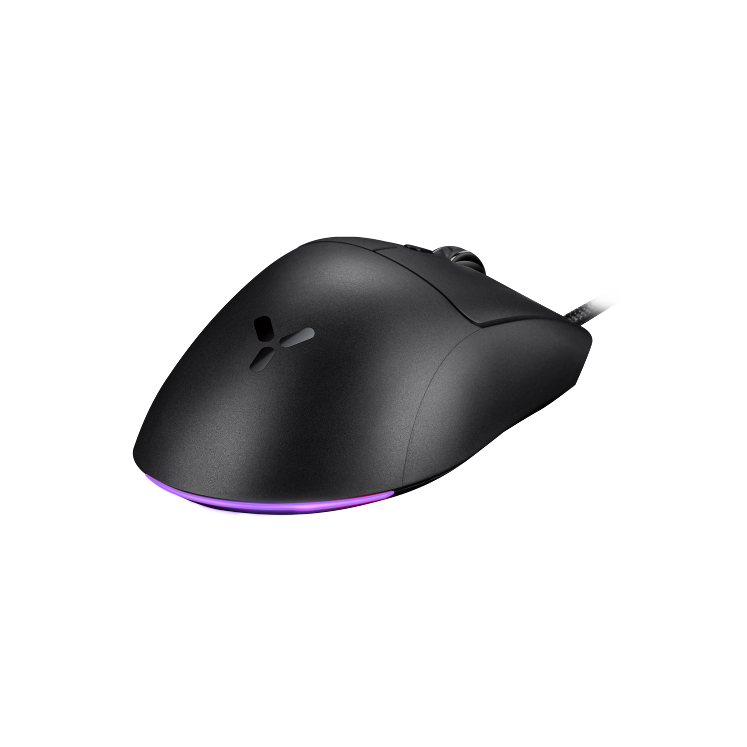 Zwarte gamingmuis met verlichte basis op zwarte achtergrond.