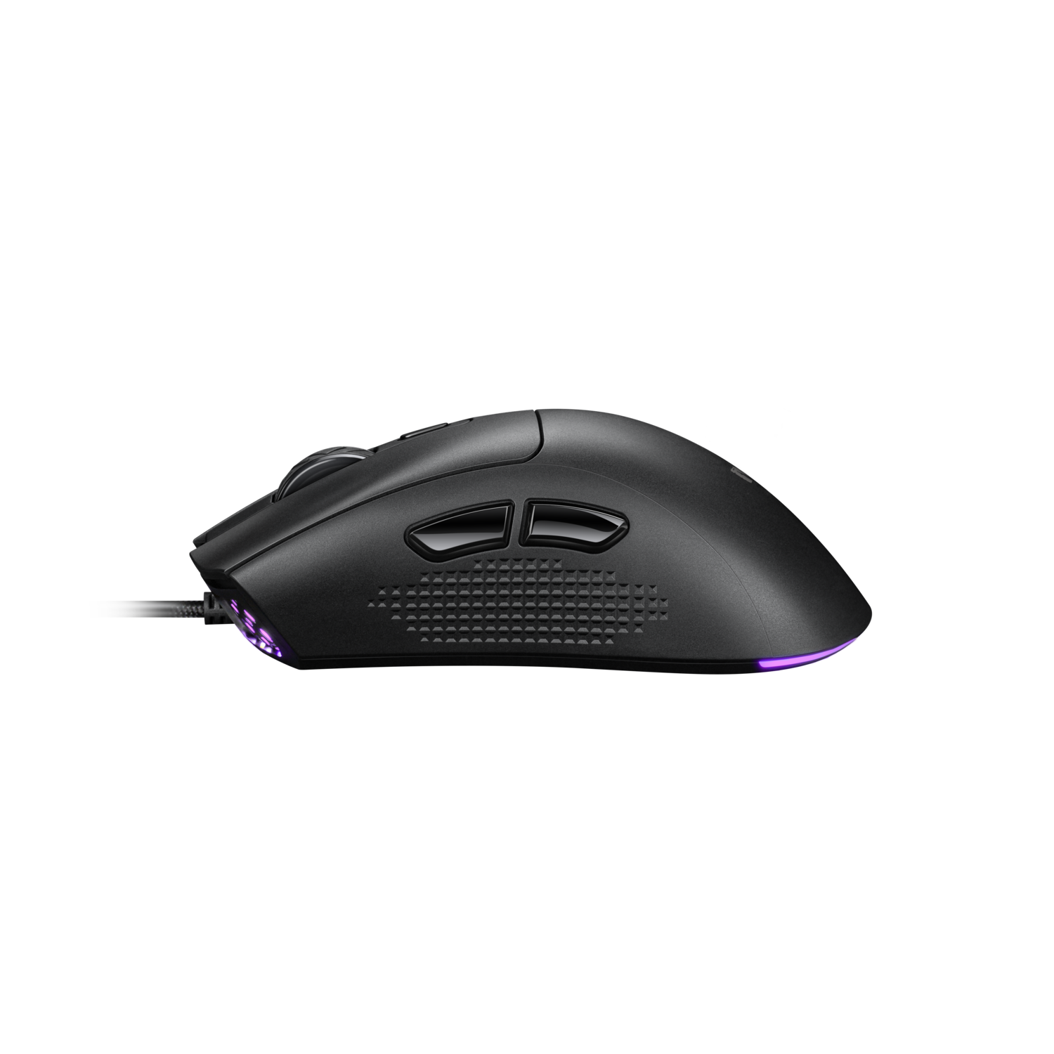 Zwarte gamingmuis, zijaanzicht, met knoppen en snoer, op zwarte ondergrond.