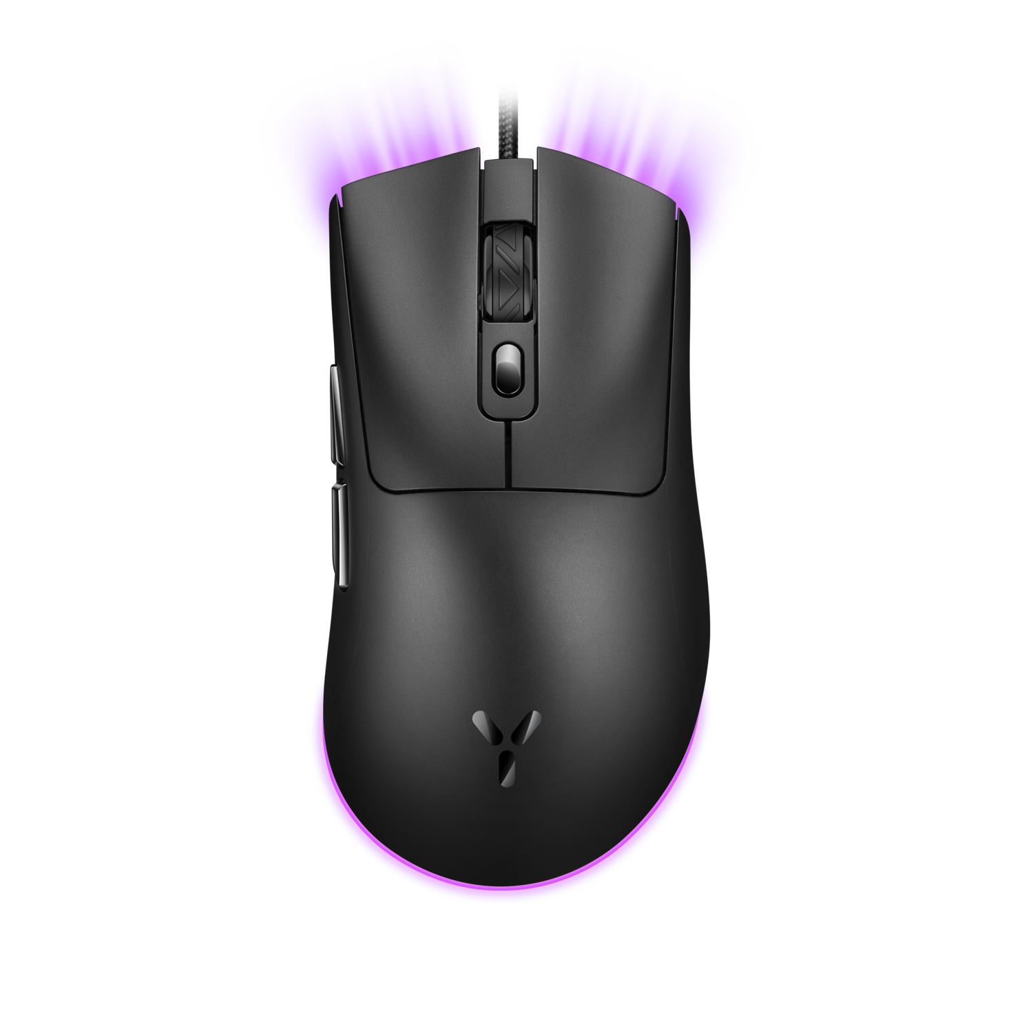 Zwarte gamingmuis met paarse onderverlichting. De muis heeft een slank ontwerp.