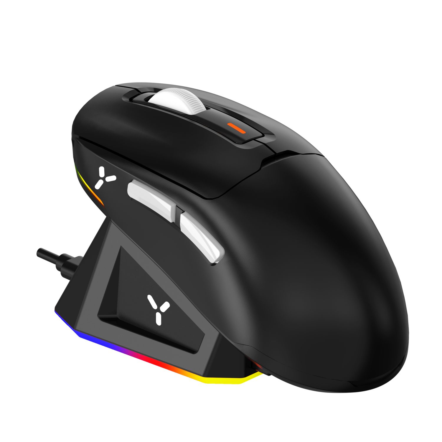Black gaming mouse on a black base, with white buttons and an orange light.