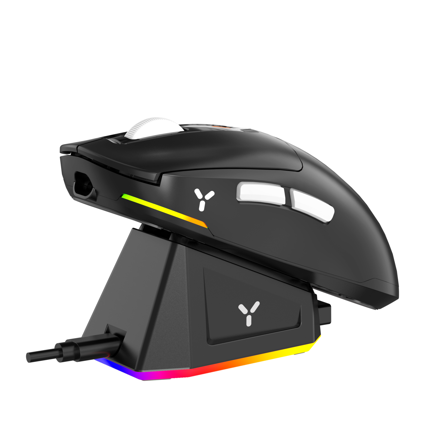 A black gaming mouse on its charging base. It has a multi-colored LED strip.