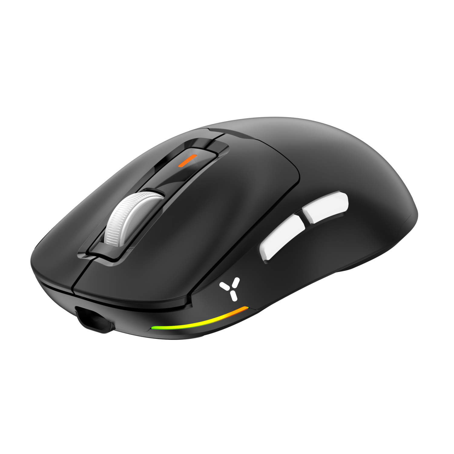 Black gaming mouse. It has buttons on the side and a scroll wheel. RGB light at the bottom.
