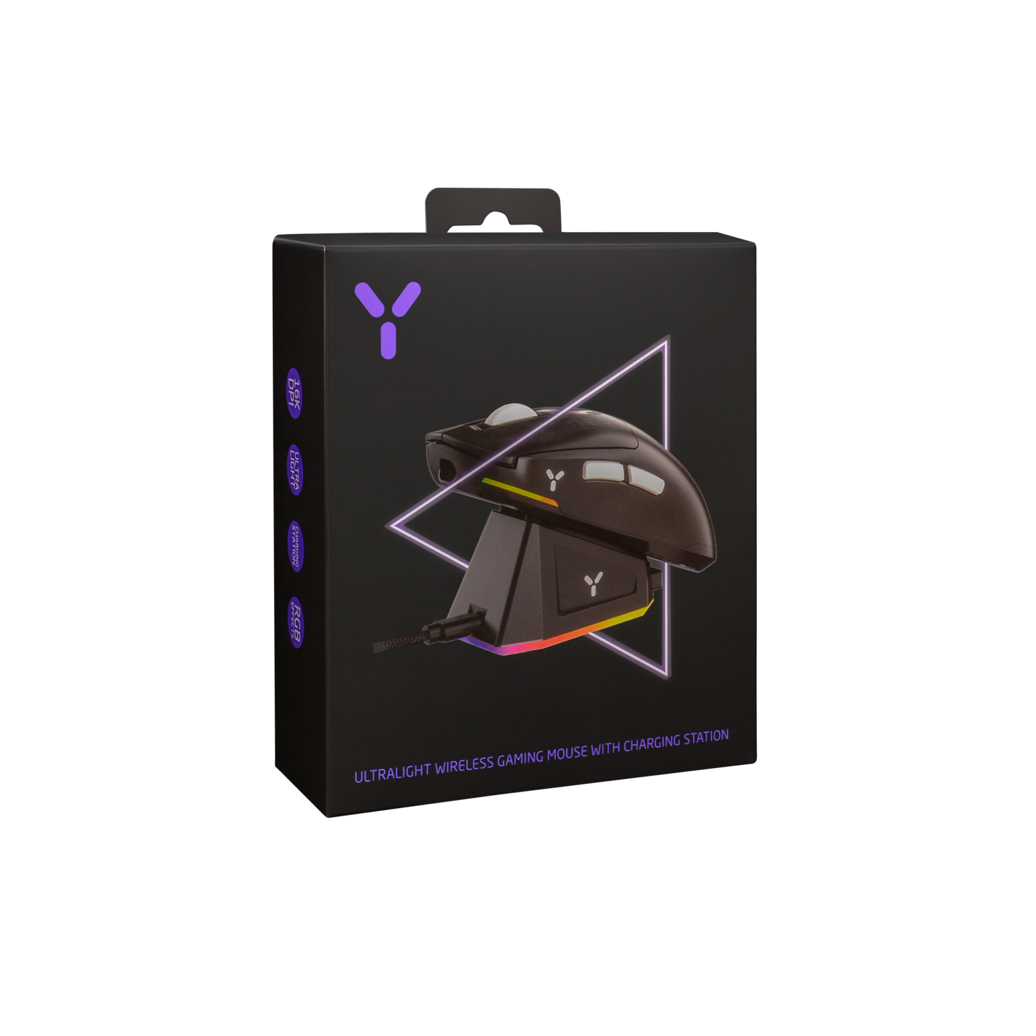 Black box with wireless gaming mouse and charging station. Black background.