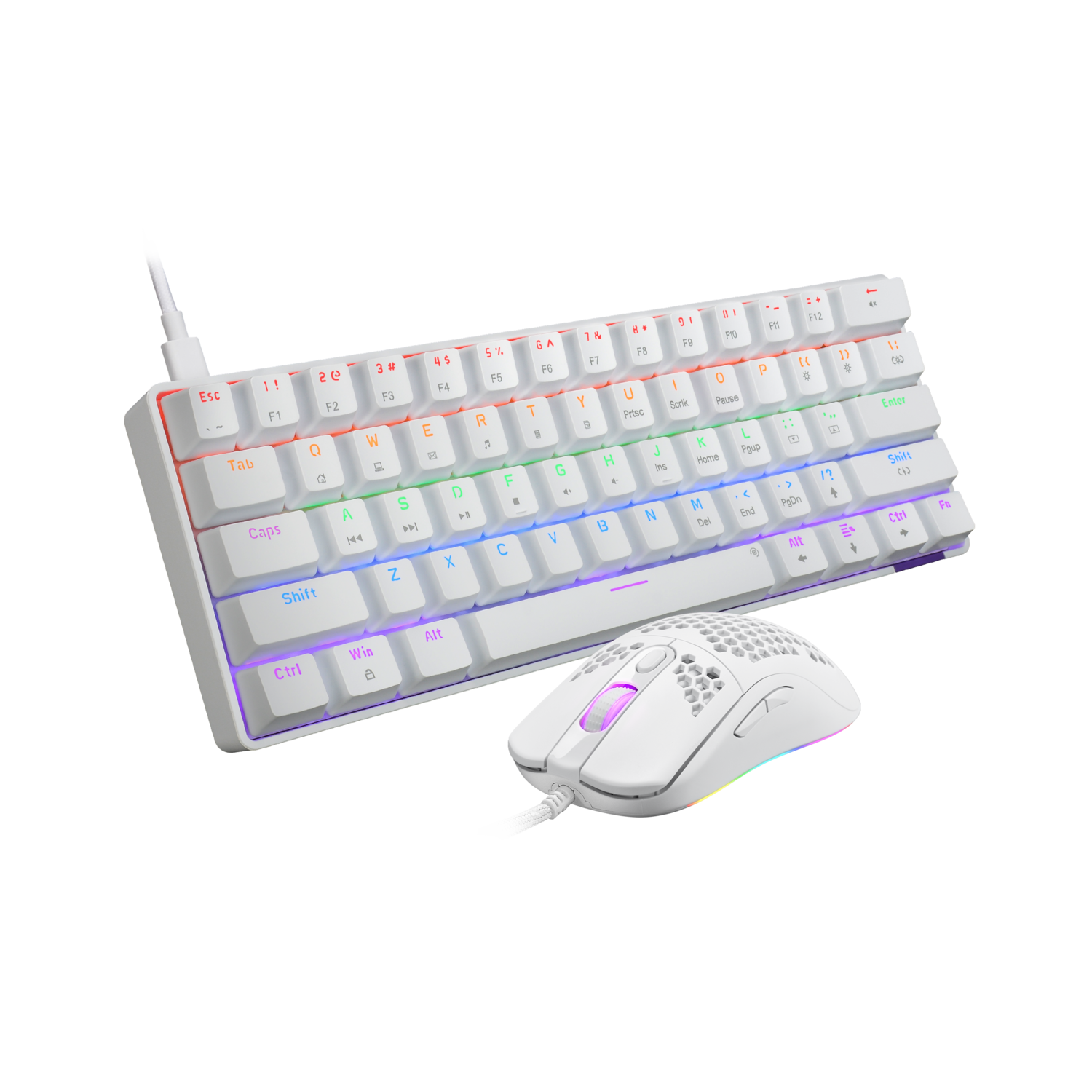 White mechanical keyboard with a matching white mouse, on a dark background.