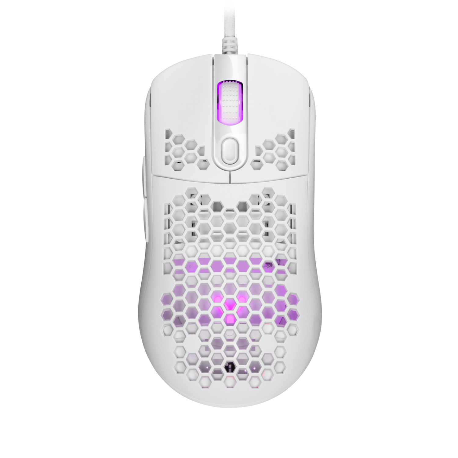 White gaming mouse with honeycomb design. Scroll wheel and buttons are visible. RGB lights are inside.