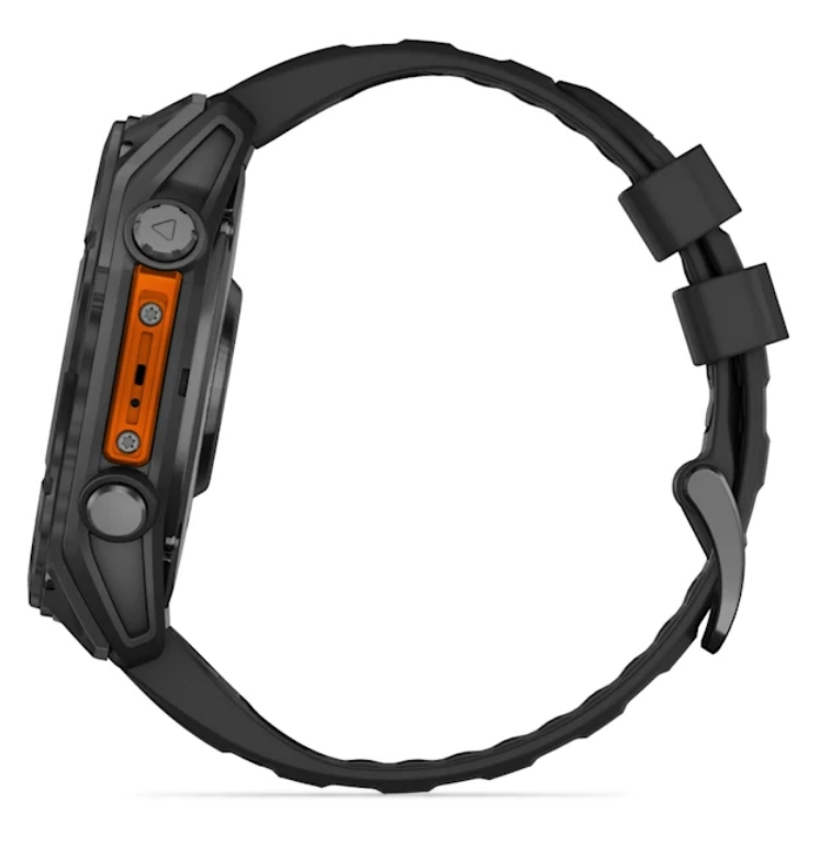 Widok z boku czarnego smartwatcha z pomarańczowym akcentem na czarnym pasku.