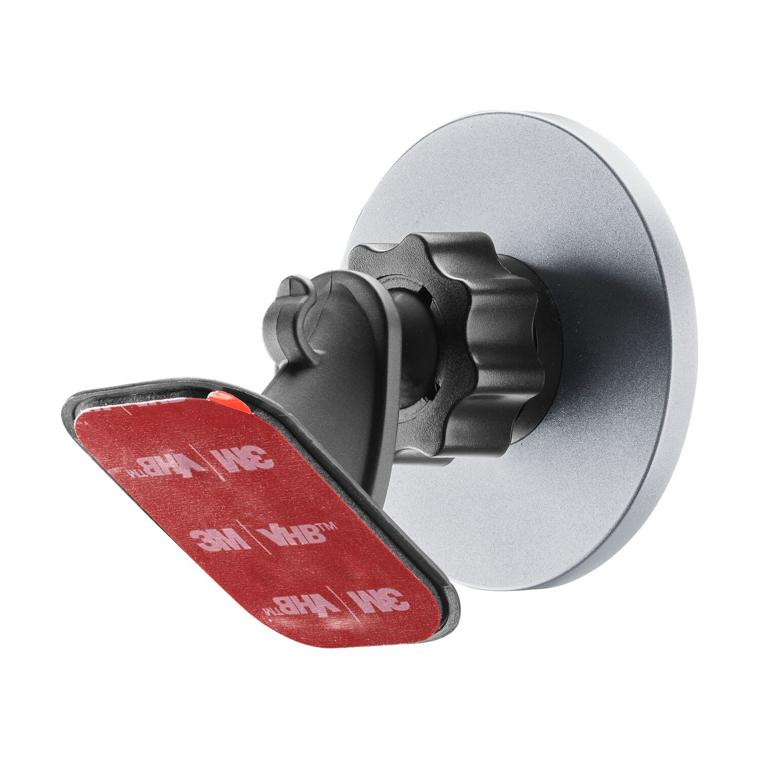 Support de téléphone de voiture avec base grise et support noir, tampon adhésif rouge visible. Fond blanc.