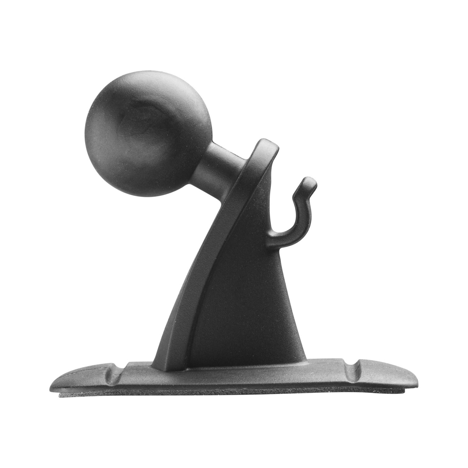 Support de microphone noir, une tige incurvée avec une tête en forme de boule et un crochet, sur une large base.