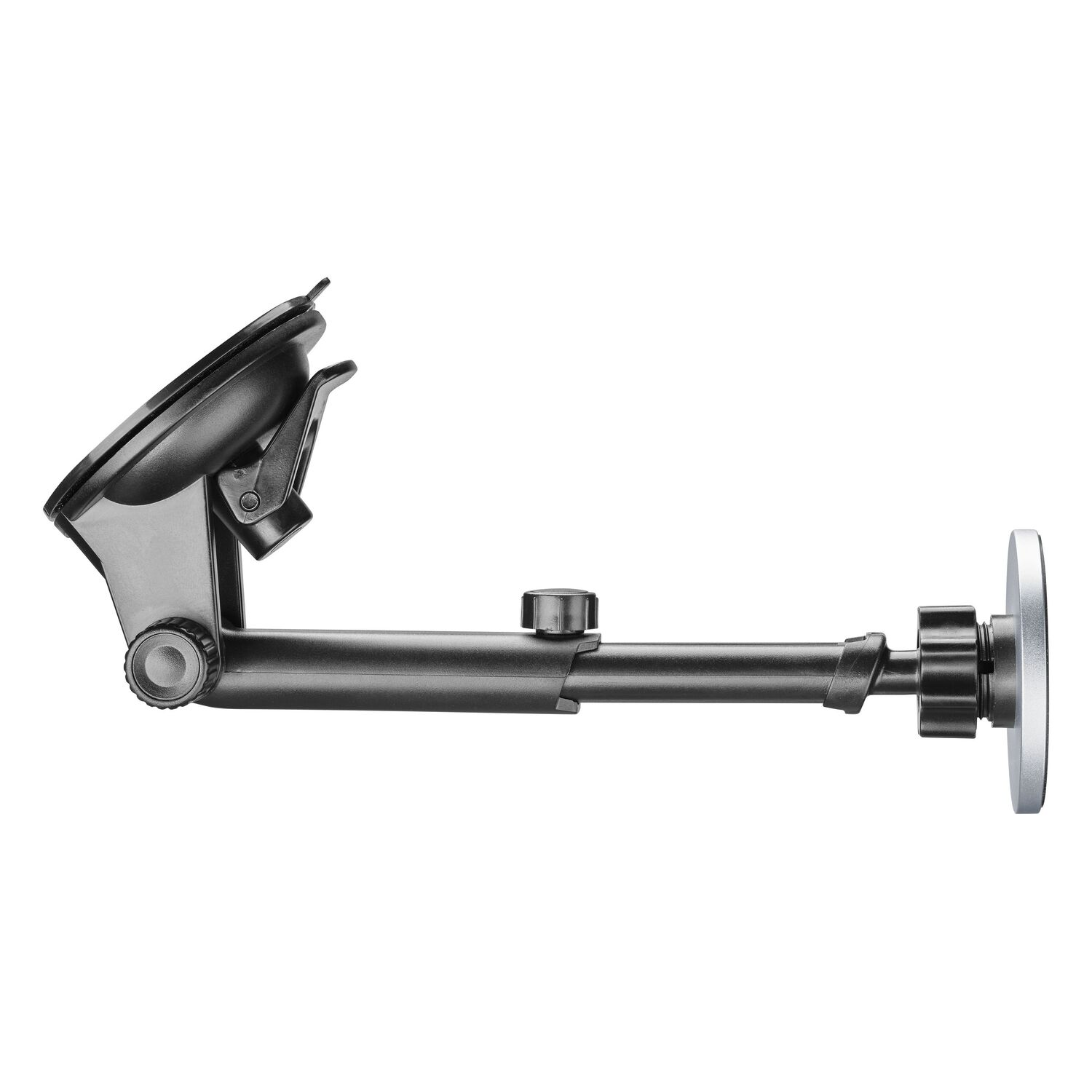 Support de téléphone de voiture avec ventouse. Le support est noir et gris, avec une base argentée.
