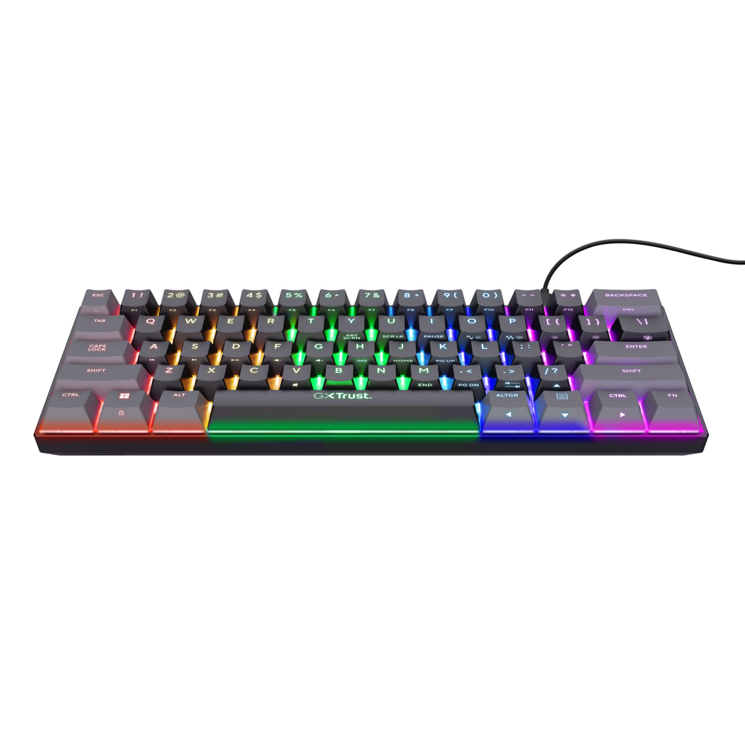 Black gaming keyboard, lit keys with multiple colors, front view, on a white surface.