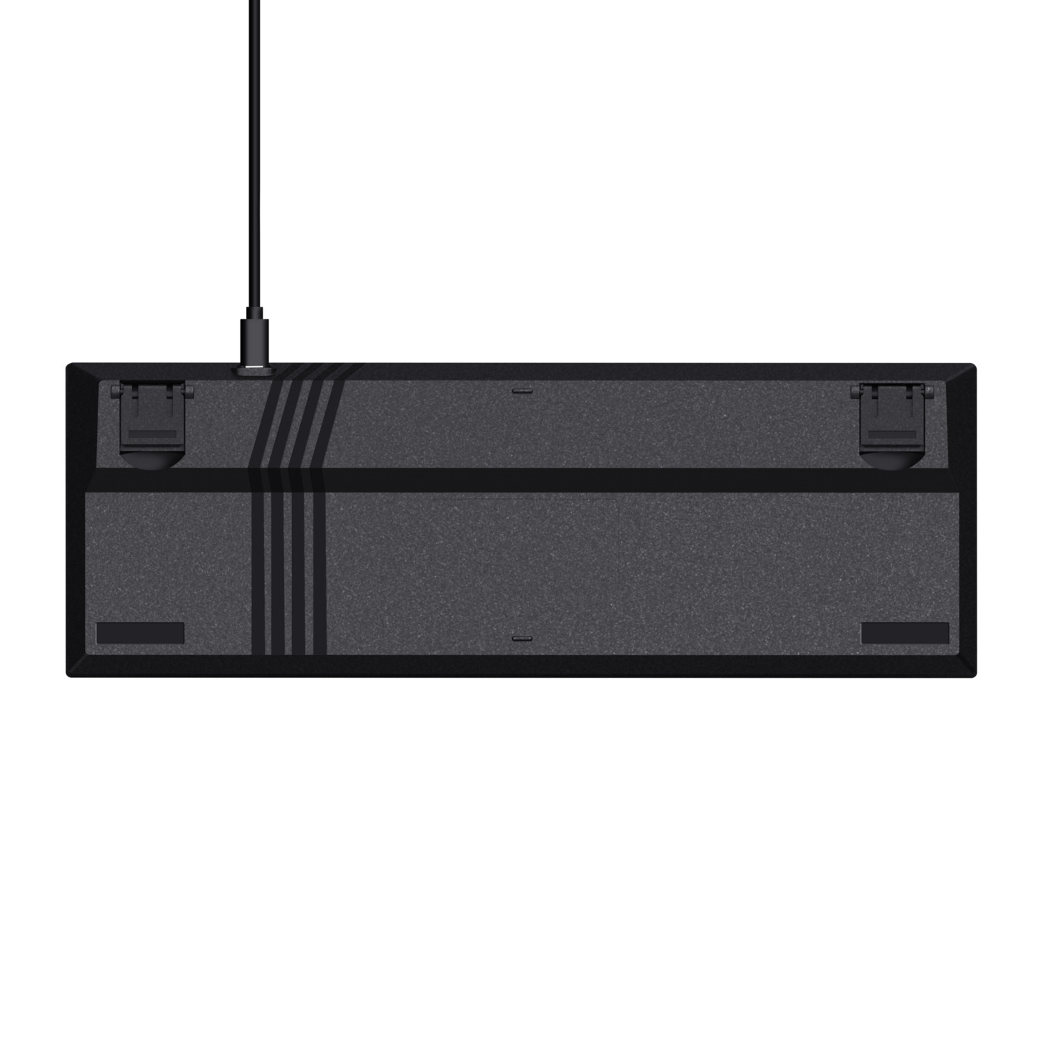 Black mechanical keyboard, bottom view, with cable attached, and three stripes.