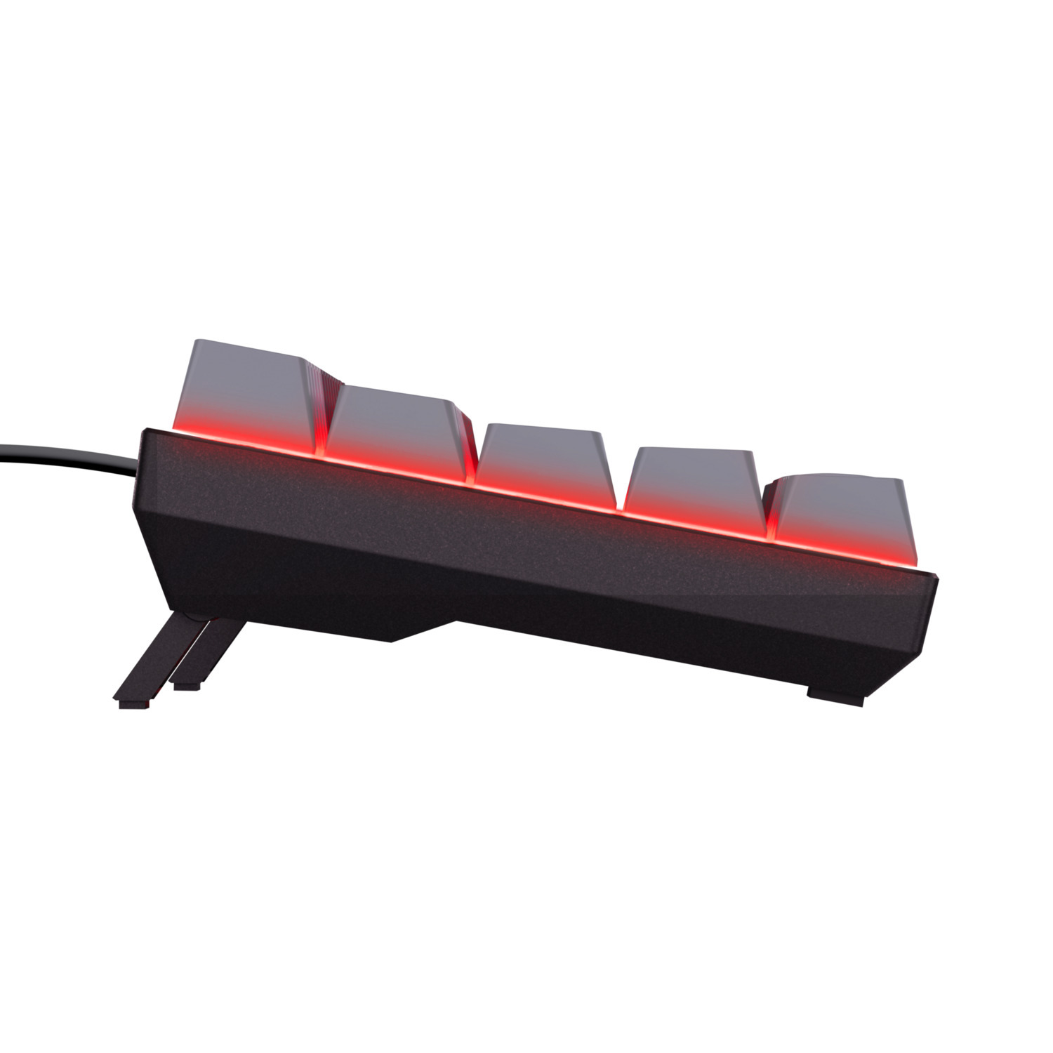 Side view of a black keyboard with red illuminated keys, angled upwards, isolated.