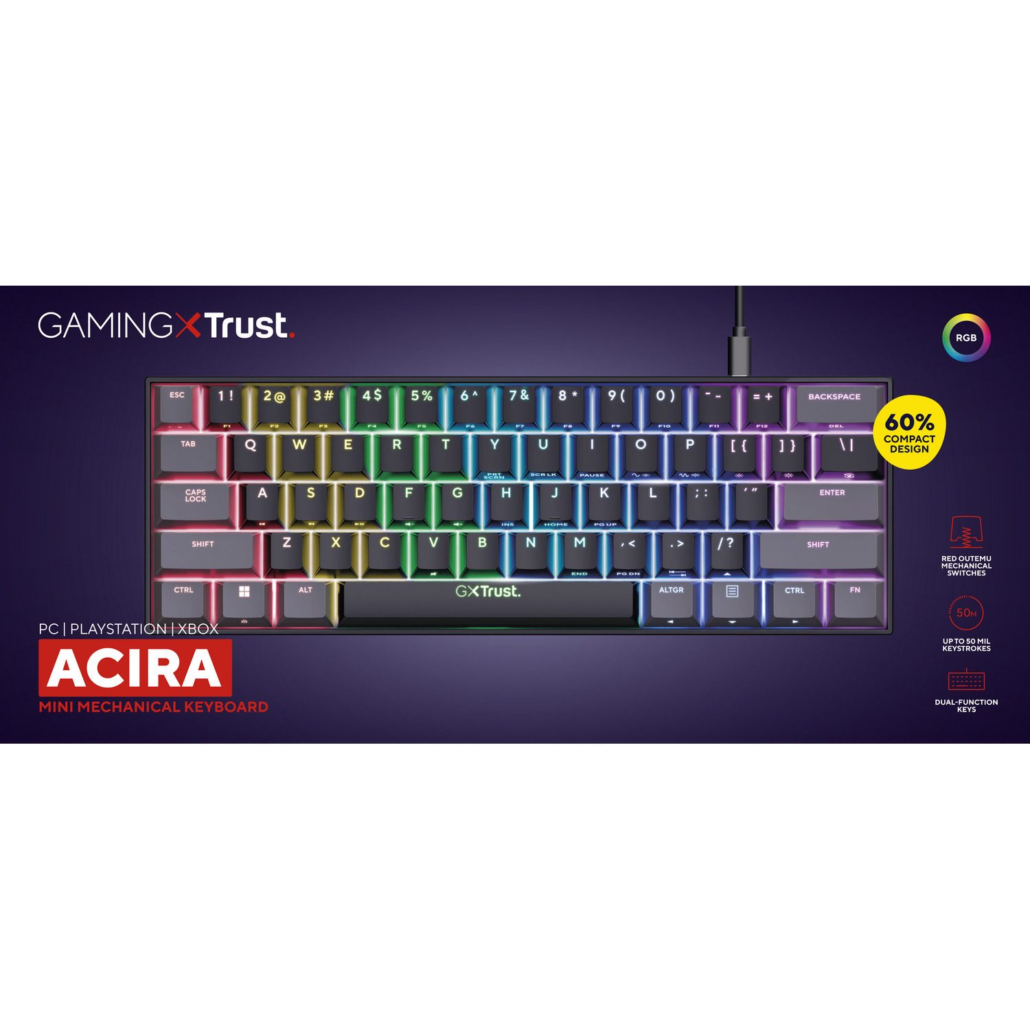 Gaming keyboard with RGB lighting, black keys and red accents. 