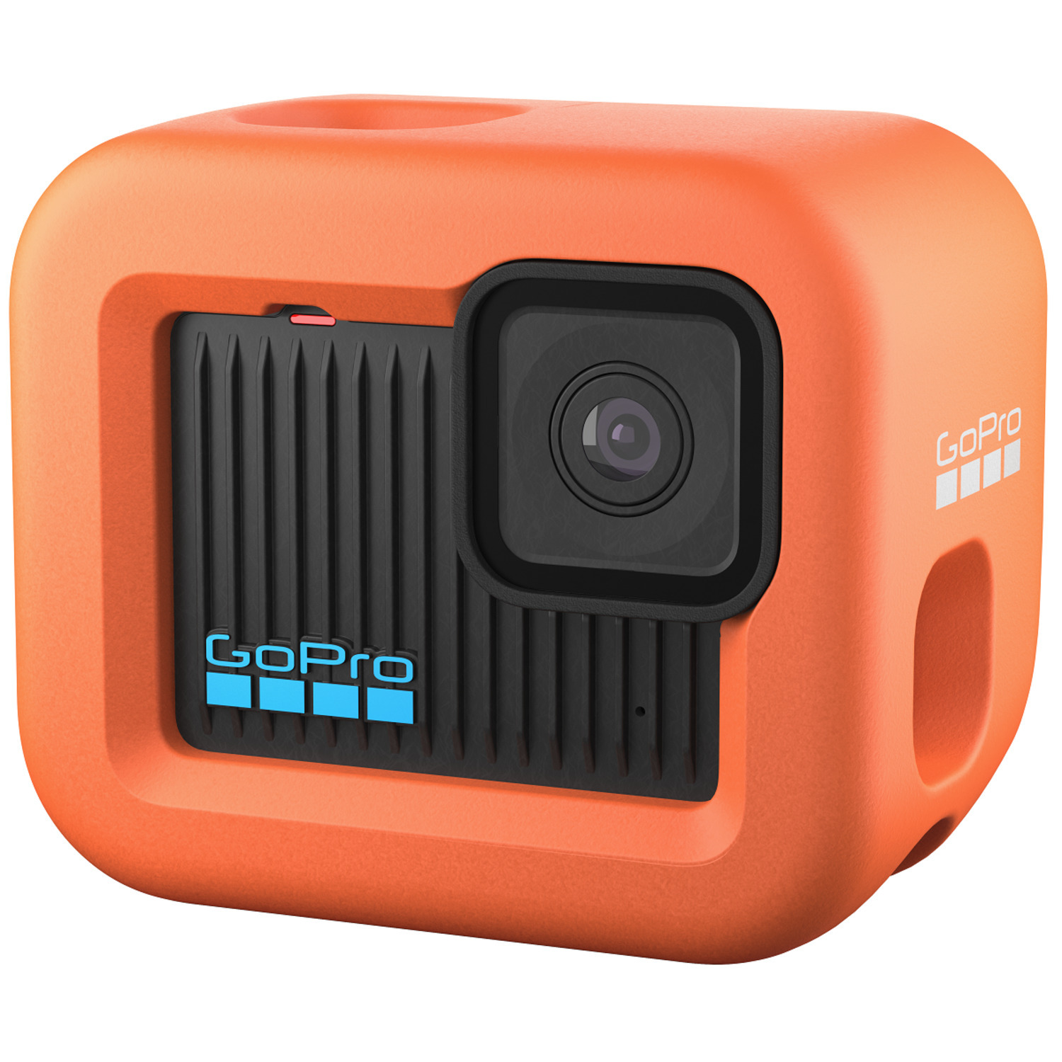 Orange GoPro camera in a protective case, black lens and logo, isolated on white.