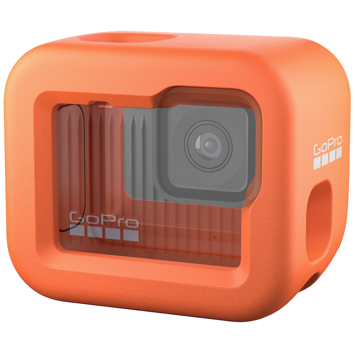 Orange protective case with a camera inside. The case is cube-shaped with transparent plastic.