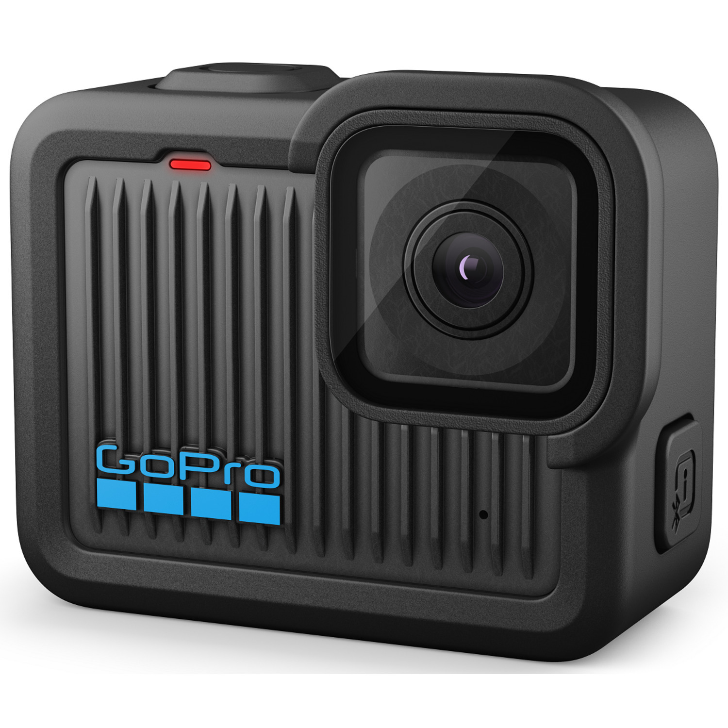 Black GoPro camera with a red light, lens and the GoPro logo.
